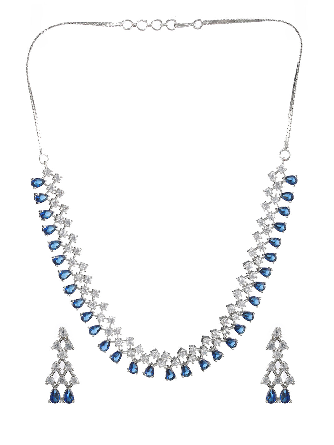 Silver-Plated Blue American Diamond Studded Jewellery Set - Jazzandsizzle