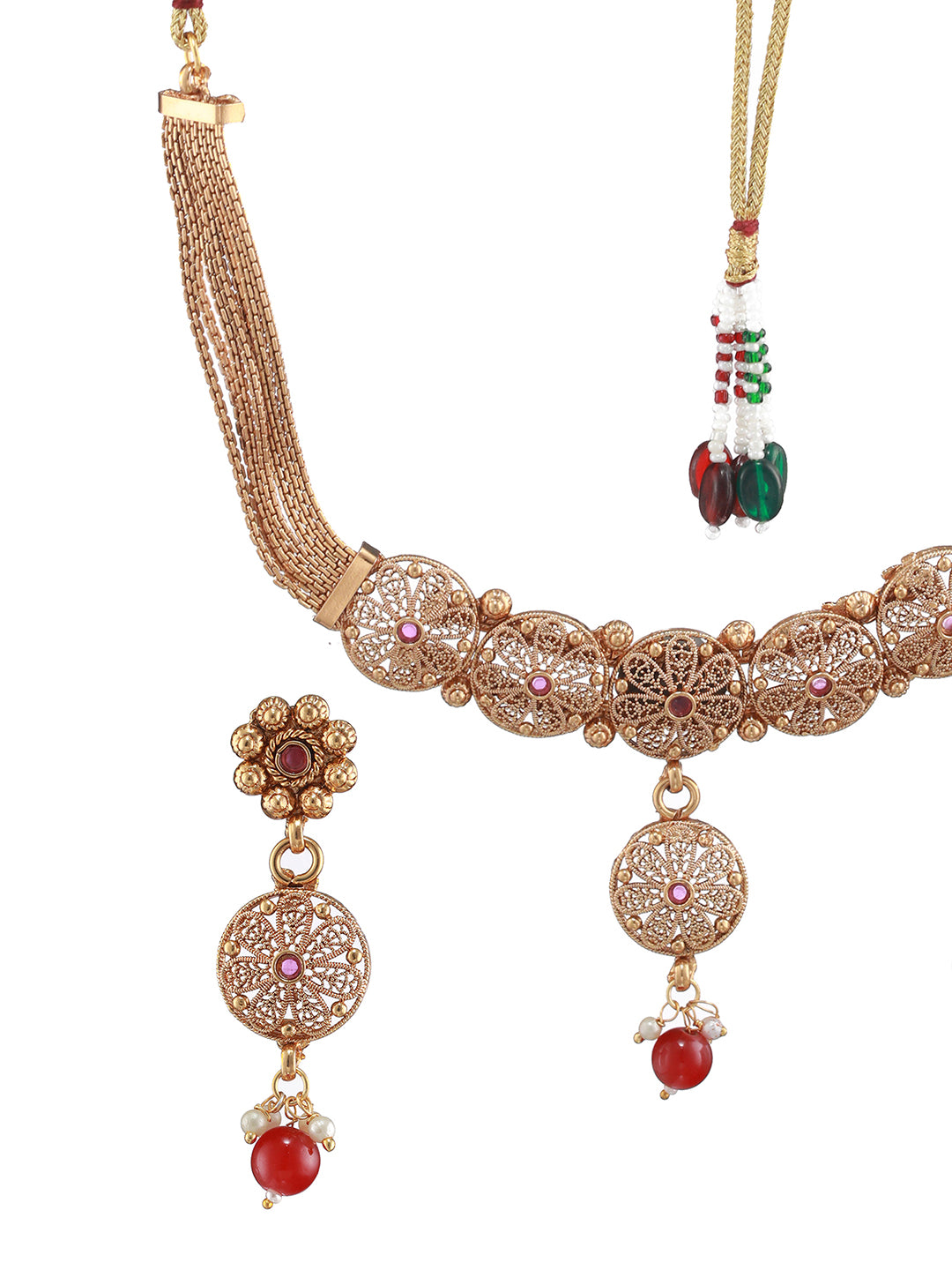 24K Gold-Plated Ruby Studded Handcrafted Filigree Jewellery Set - Jazzandsizzle
