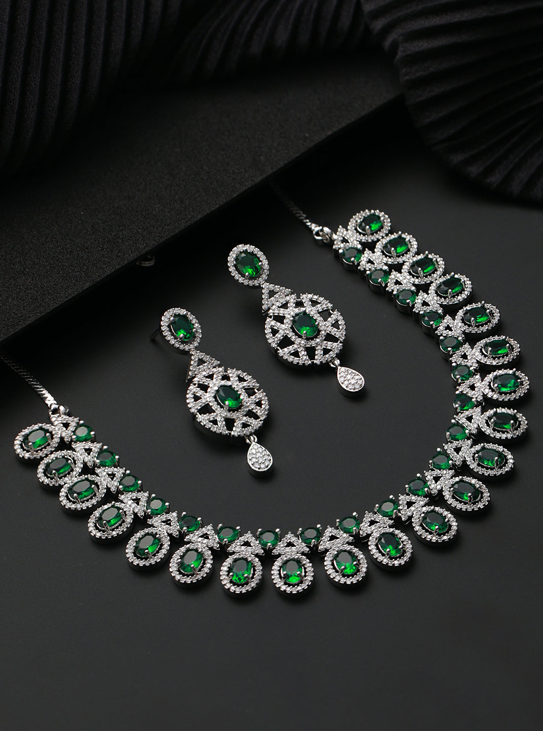 Silver-Plated Green & American diamond Studded Jewellery Set - Jazzandsizzle