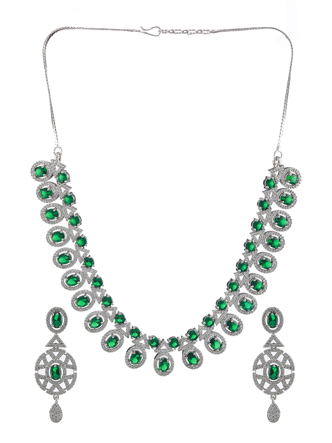 Silver-Plated Green & American diamond Studded Jewellery Set - Jazzandsizzle