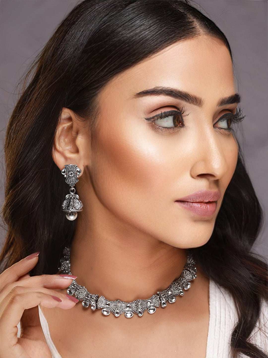 Silver-Toned White Stone-Studded & Beaded Oxidised Jewellery Set - Jazzandsizzle