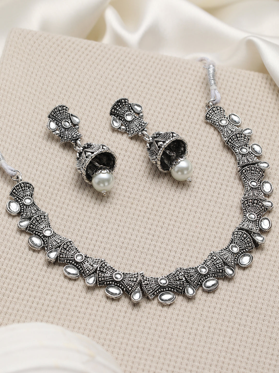 Silver-Toned White Stone-Studded & Beaded Oxidised Jewellery Set - Jazzandsizzle