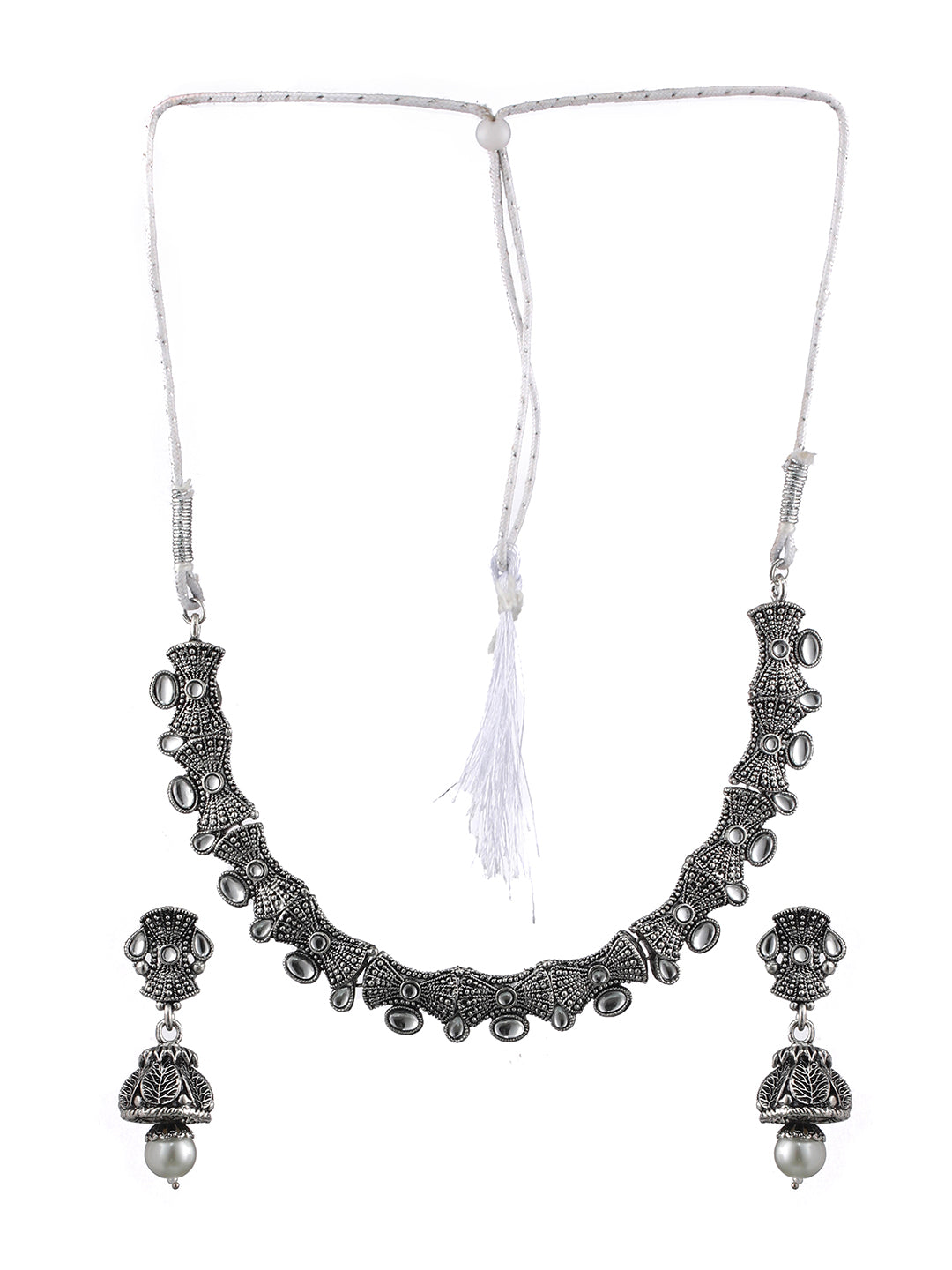 Silver-Toned White Stone-Studded & Beaded Oxidised Jewellery Set - Jazzandsizzle