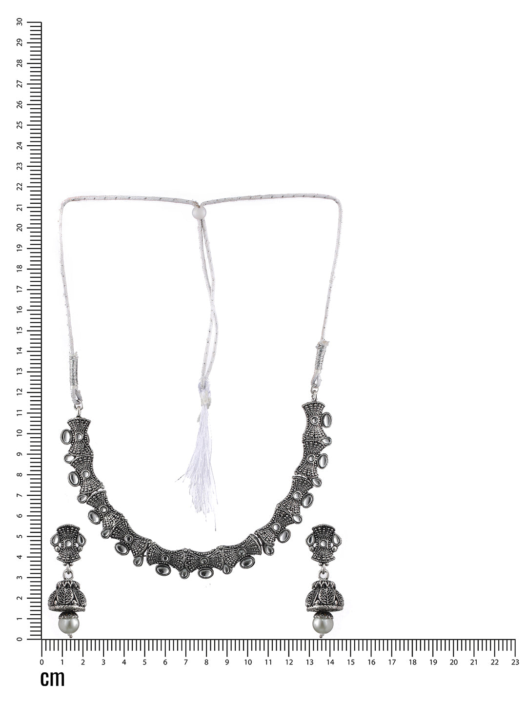 Silver-Toned White Stone-Studded & Beaded Oxidised Jewellery Set - Jazzandsizzle