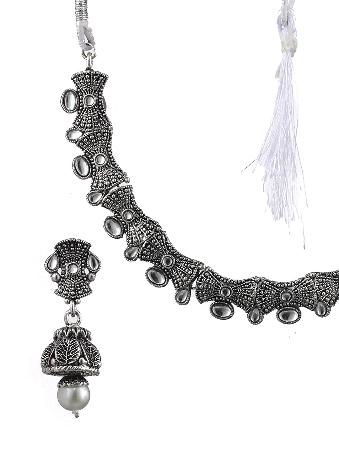 Silver-Toned White Stone-Studded & Beaded Oxidised Jewellery Set - Jazzandsizzle