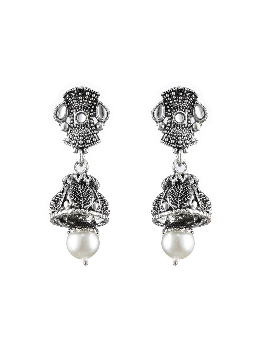 Silver-Toned White Stone-Studded & Beaded Oxidised Jewellery Set - Jazzandsizzle