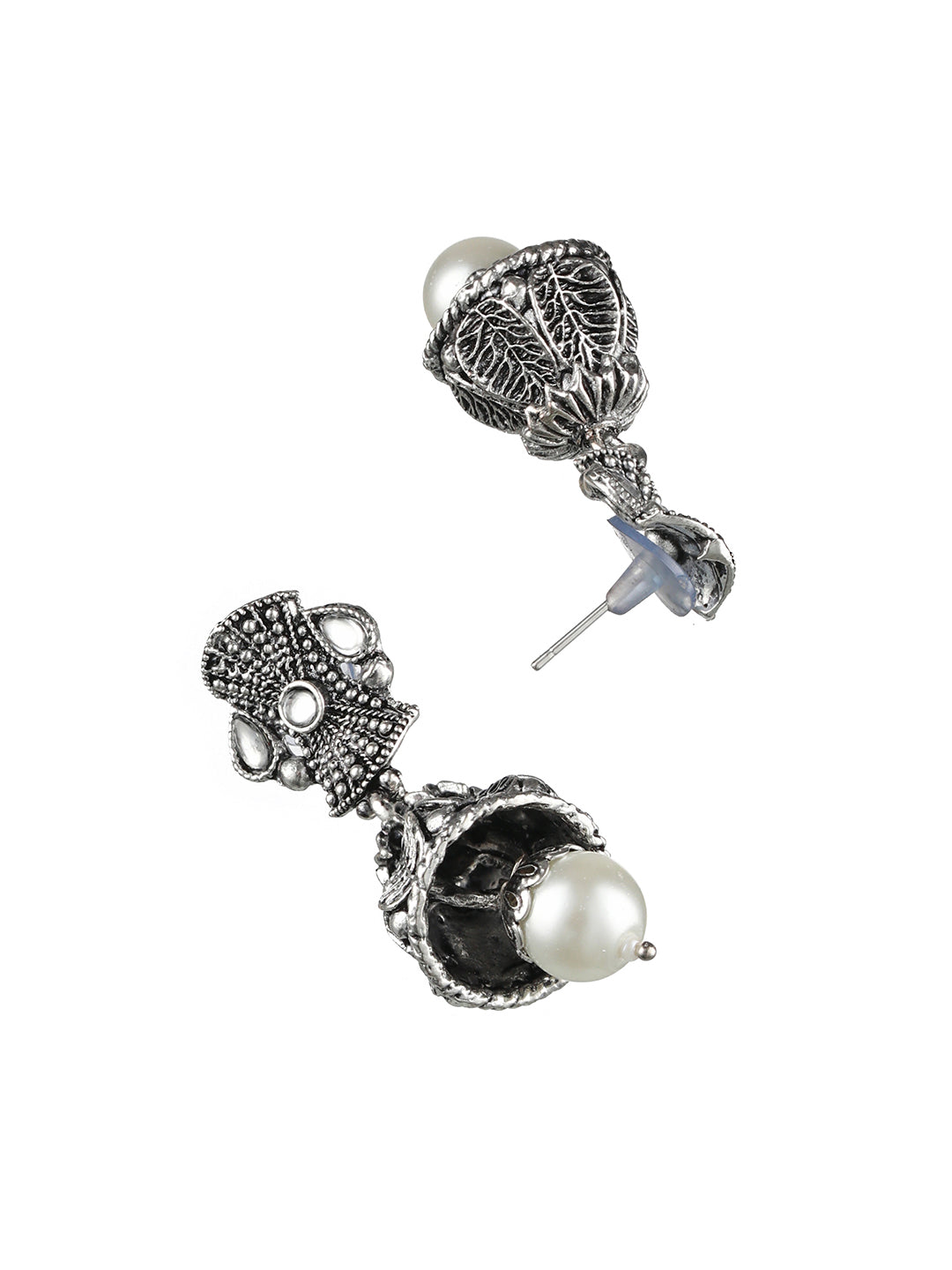 Silver-Toned White Stone-Studded & Beaded Oxidised Jewellery Set - Jazzandsizzle