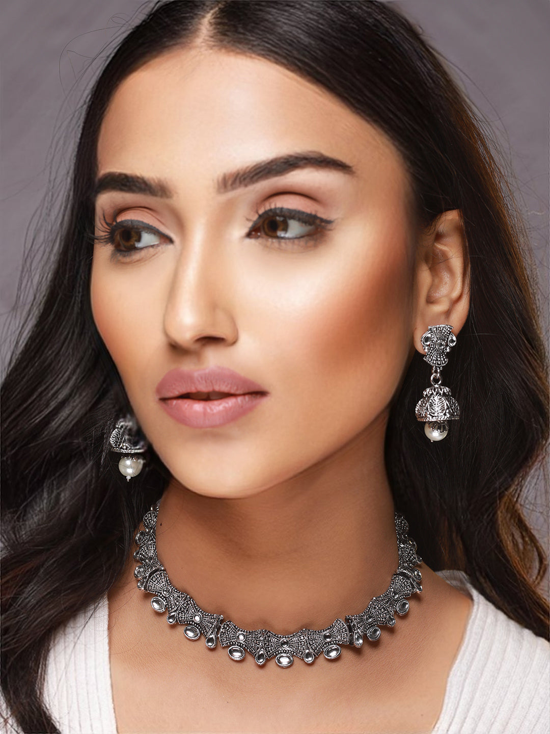 Silver-Toned White Stone-Studded & Beaded Oxidised Jewellery Set - Jazzandsizzle