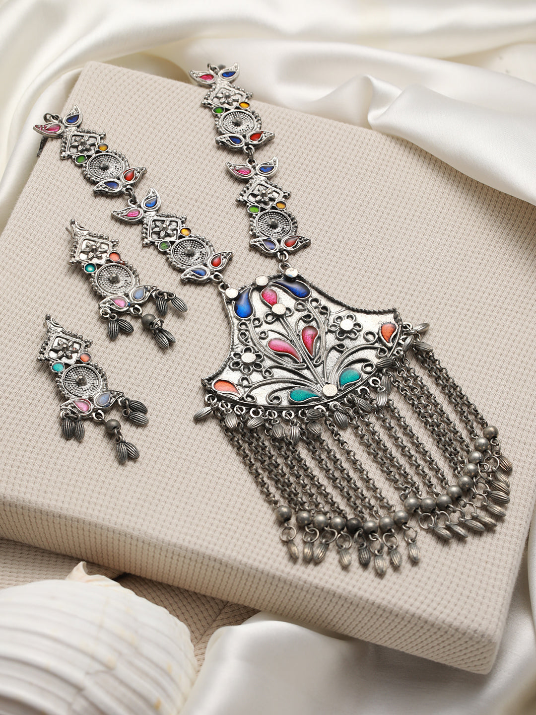 Oxidised Silver-Plated Meenakari & Ghungroo Beads Studded Handcrafted Jewellery Set - Jazzandsizzle