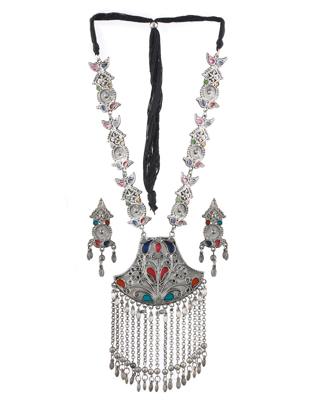 Oxidised Silver-Plated Meenakari & Ghungroo Beads Studded  Handcrafted Jewellery Set
