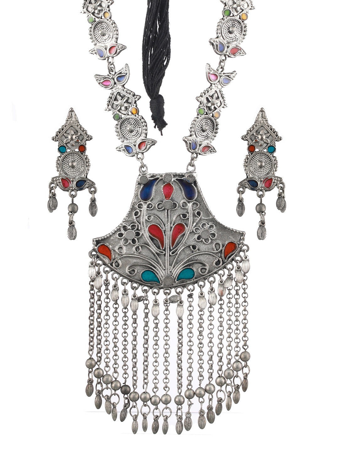 Oxidised Silver-Plated Meenakari & Ghungroo Beads Studded Handcrafted Jewellery Set - Jazzandsizzle