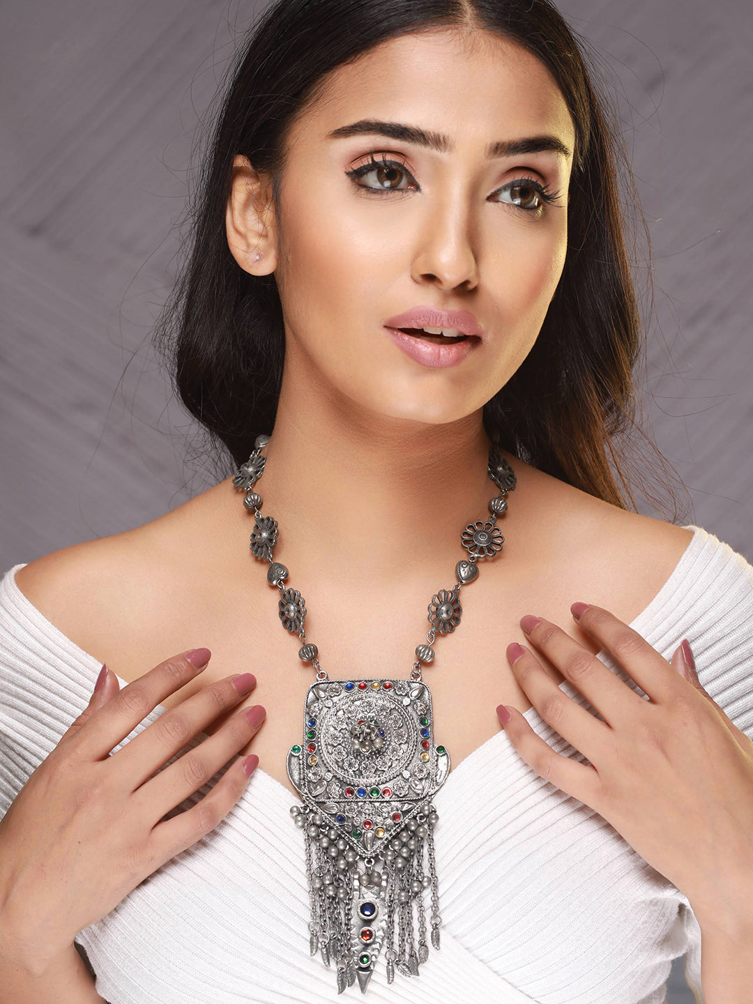 Multicolored Oxidised Silver-Plated Handcrafted Afghan Necklace - Jazzandsizzle