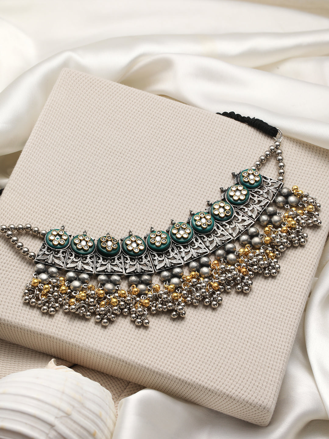 Silver-Plated & Gold-Toned Oxidised Beaded & Kundan studded Choker Necklace - Jazzandsizzle