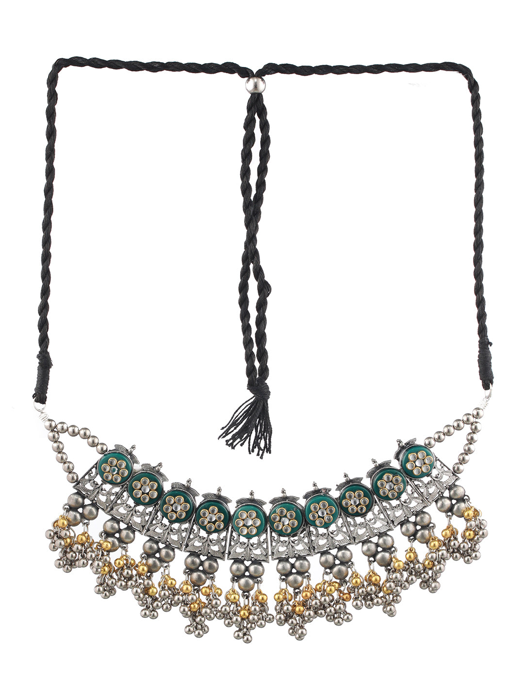 Silver-Plated & Gold-Toned Oxidised Beaded & Kundan studded Choker Necklace - Jazzandsizzle