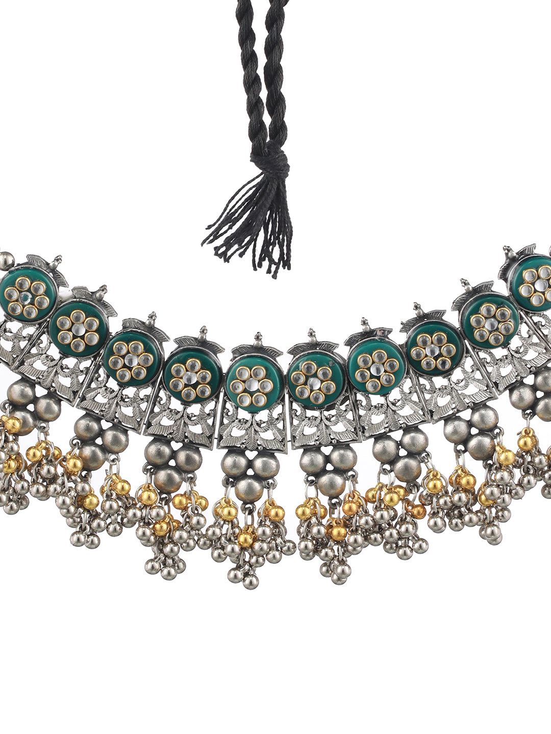 Silver-Plated & Gold-Toned Oxidised Beaded & Kundan studded Choker Necklace - Jazzandsizzle