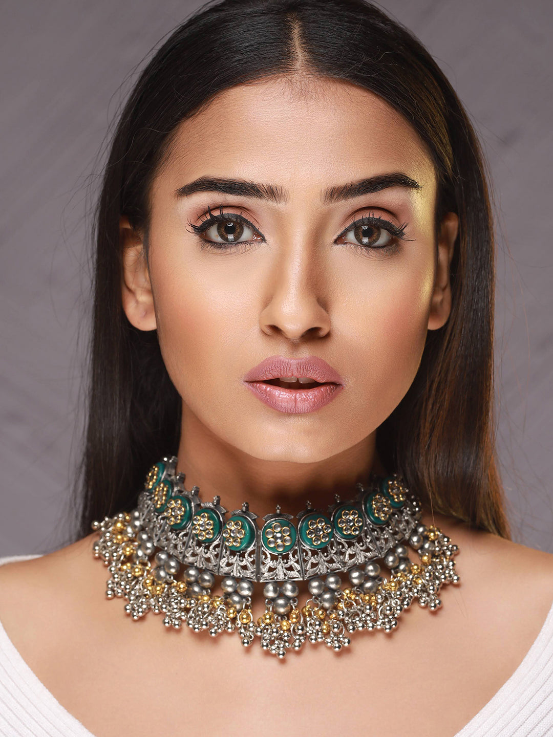 Silver-Plated & Gold-Toned Oxidised Beaded & Kundan studded Choker Necklace - Jazzandsizzle