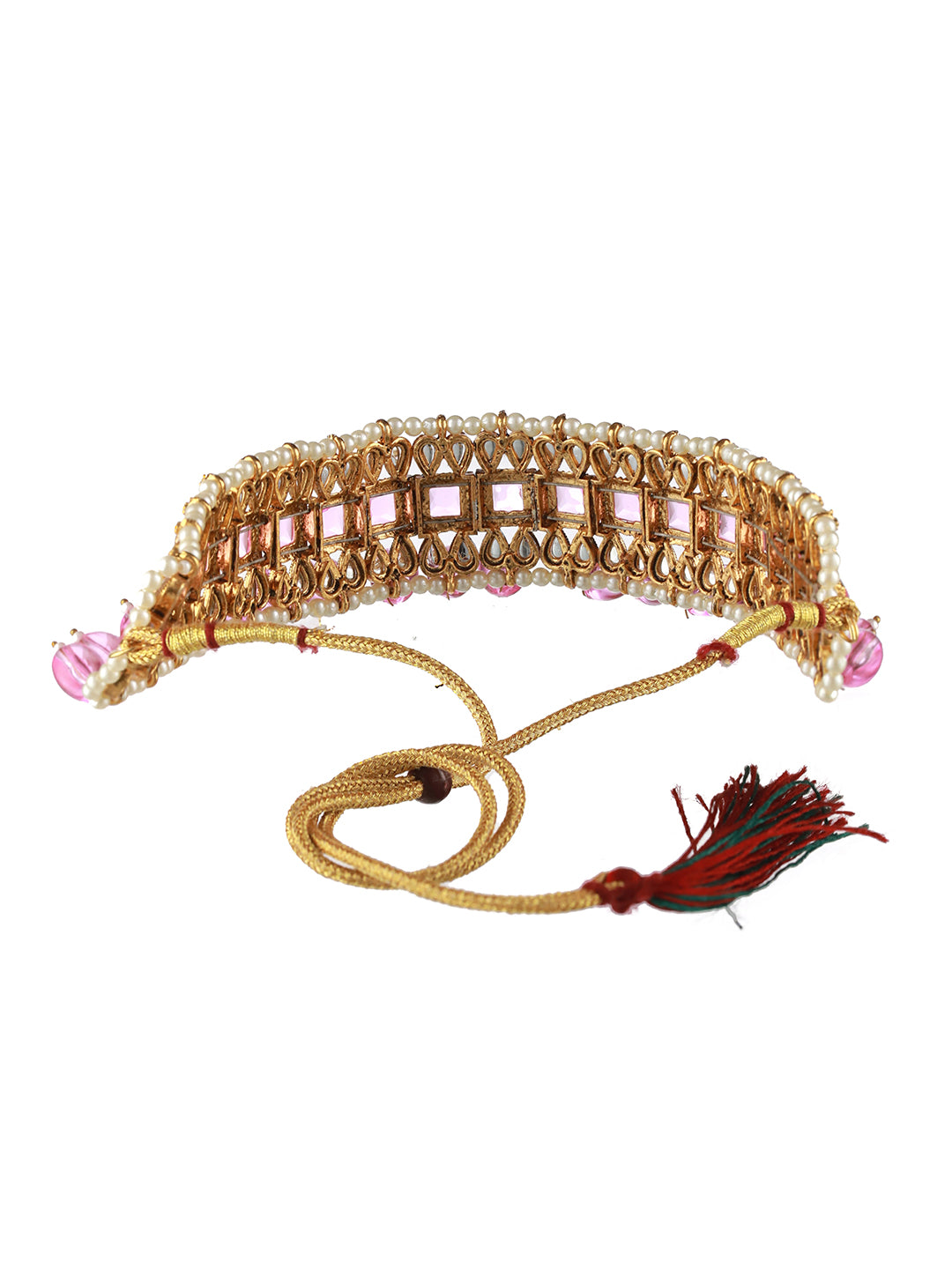 Gold-Plated Pink & White Kundan Studded & Pearl Beaded Choker Jewellery Set with Maangtikka - Jazzandsizzle