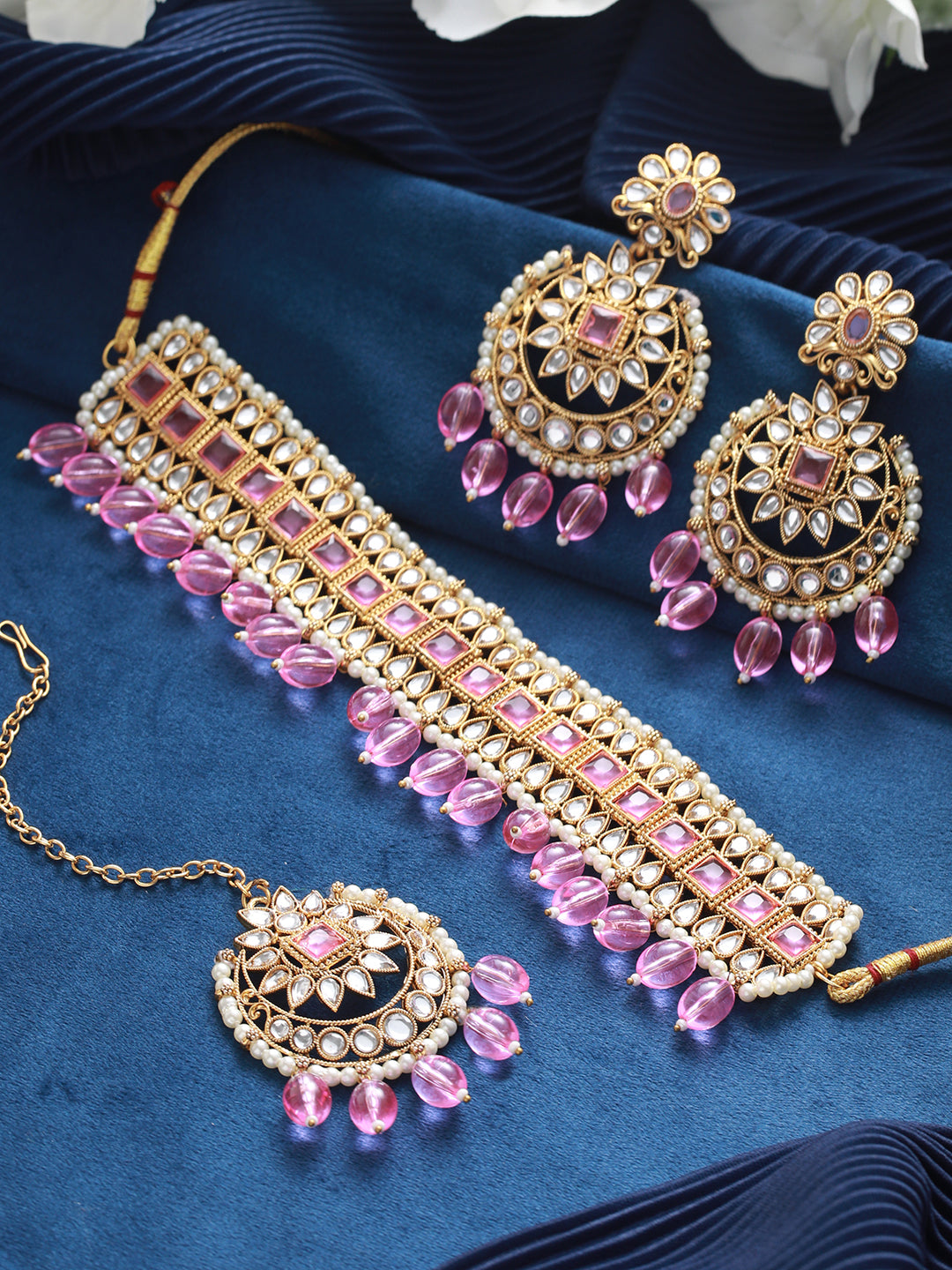 Gold-Plated Pink & White Kundan Studded & Pearl Beaded Choker Jewellery Set with Maangtikka - Jazzandsizzle