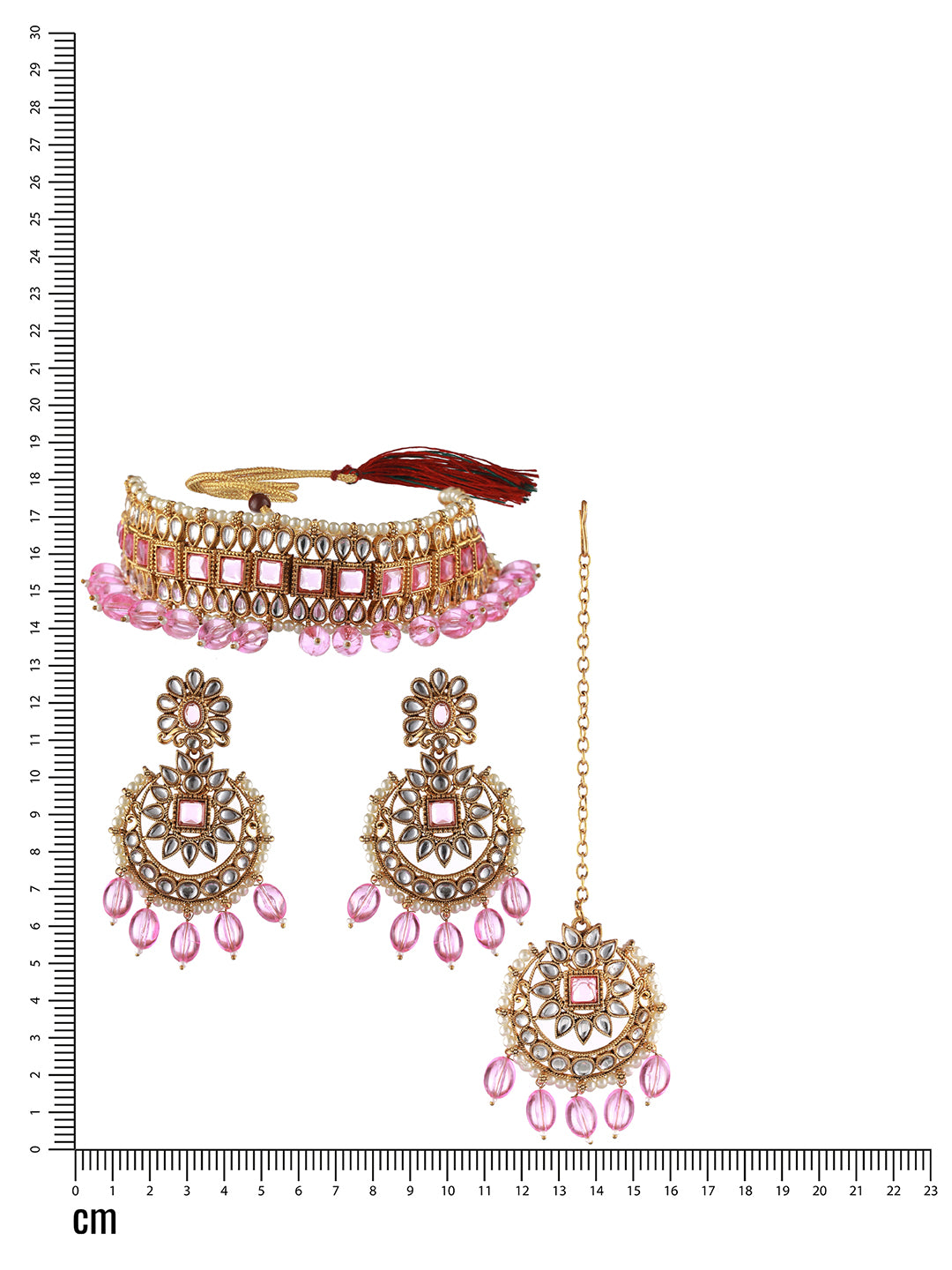 Gold-Plated Pink & White Kundan Studded & Pearl Beaded Choker Jewellery Set with Maangtikka - Jazzandsizzle