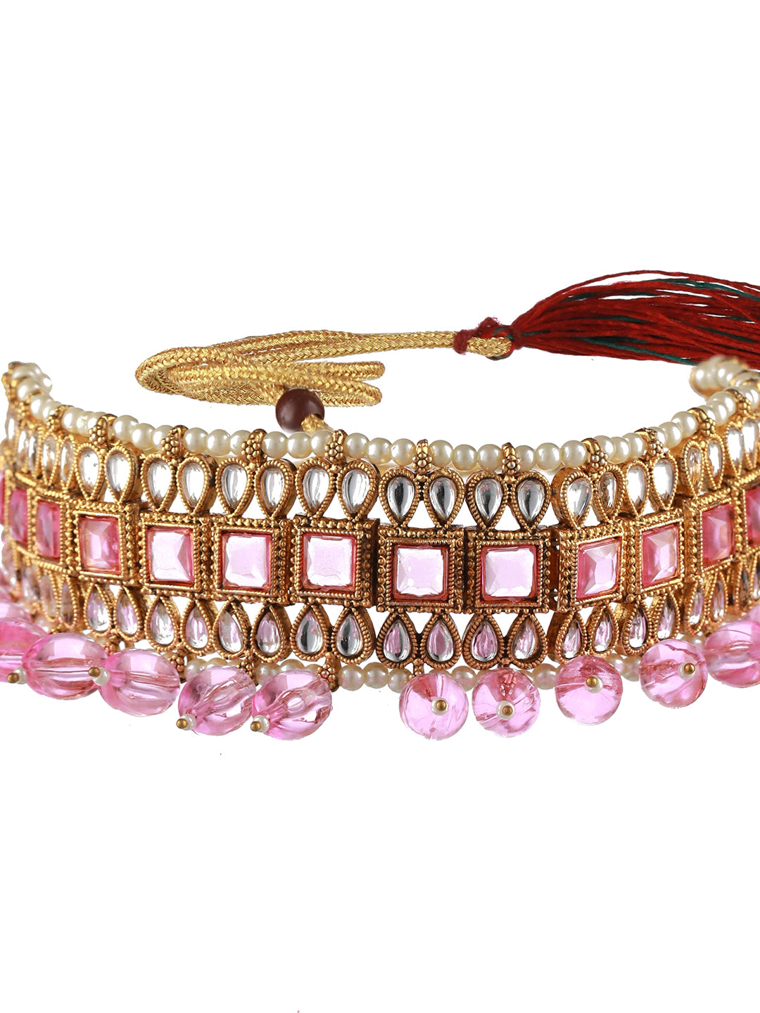 Gold-Plated Pink & White Kundan Studded & Pearl Beaded Choker Jewellery Set with Maangtikka - Jazzandsizzle