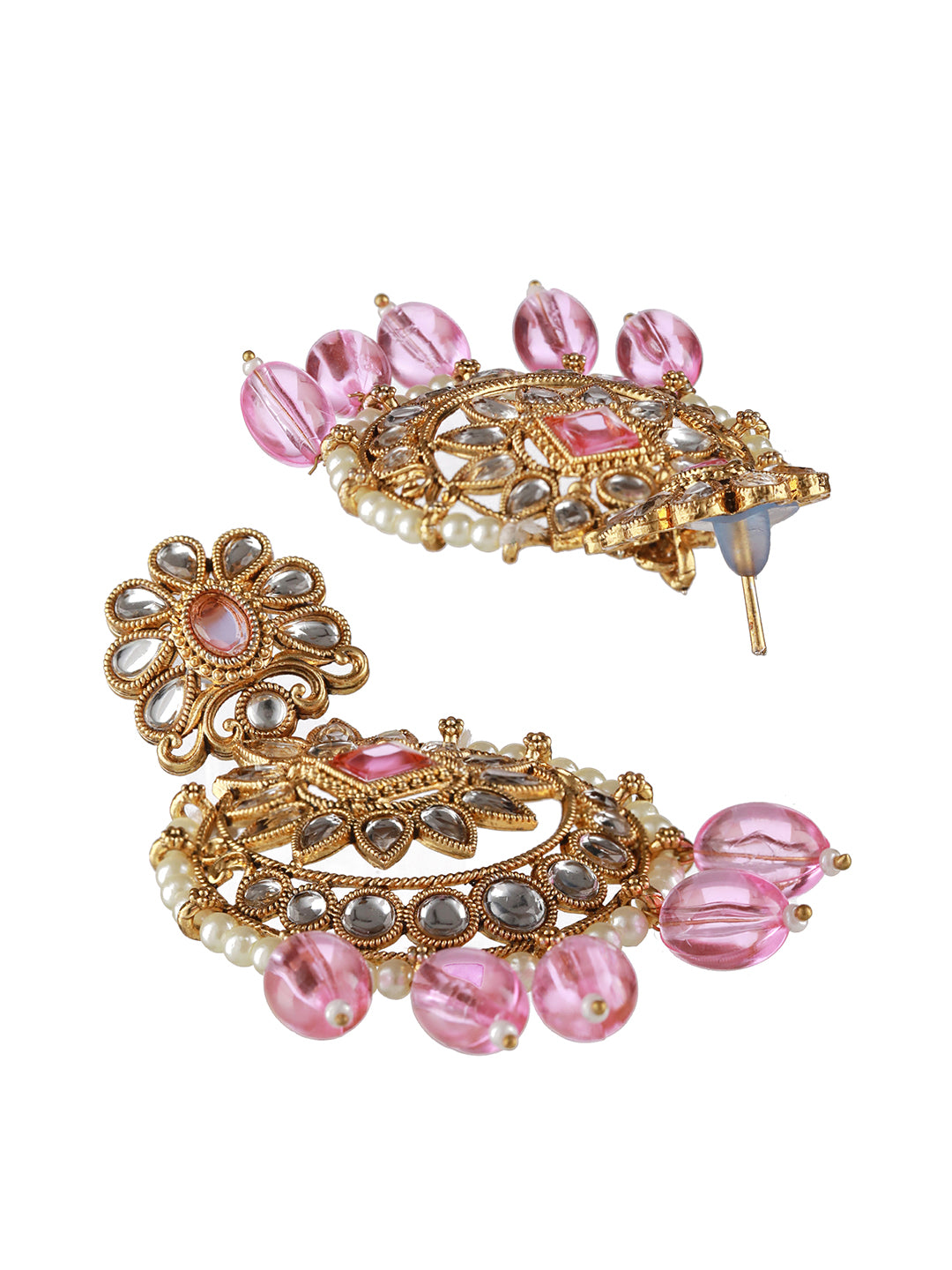 Gold-Plated Pink & White Kundan Studded & Pearl Beaded Choker Jewellery Set with Maangtikka - Jazzandsizzle