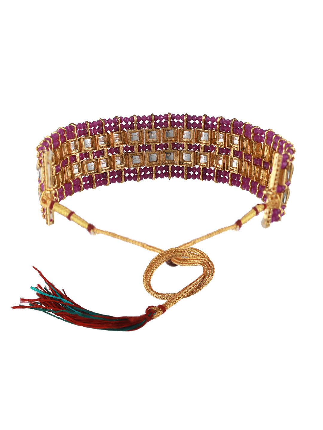 Gold-Plated Wine Kundan Studded & Pearl Beaded Choker Jewellery Set with Maangtikka - Jazzandsizzle