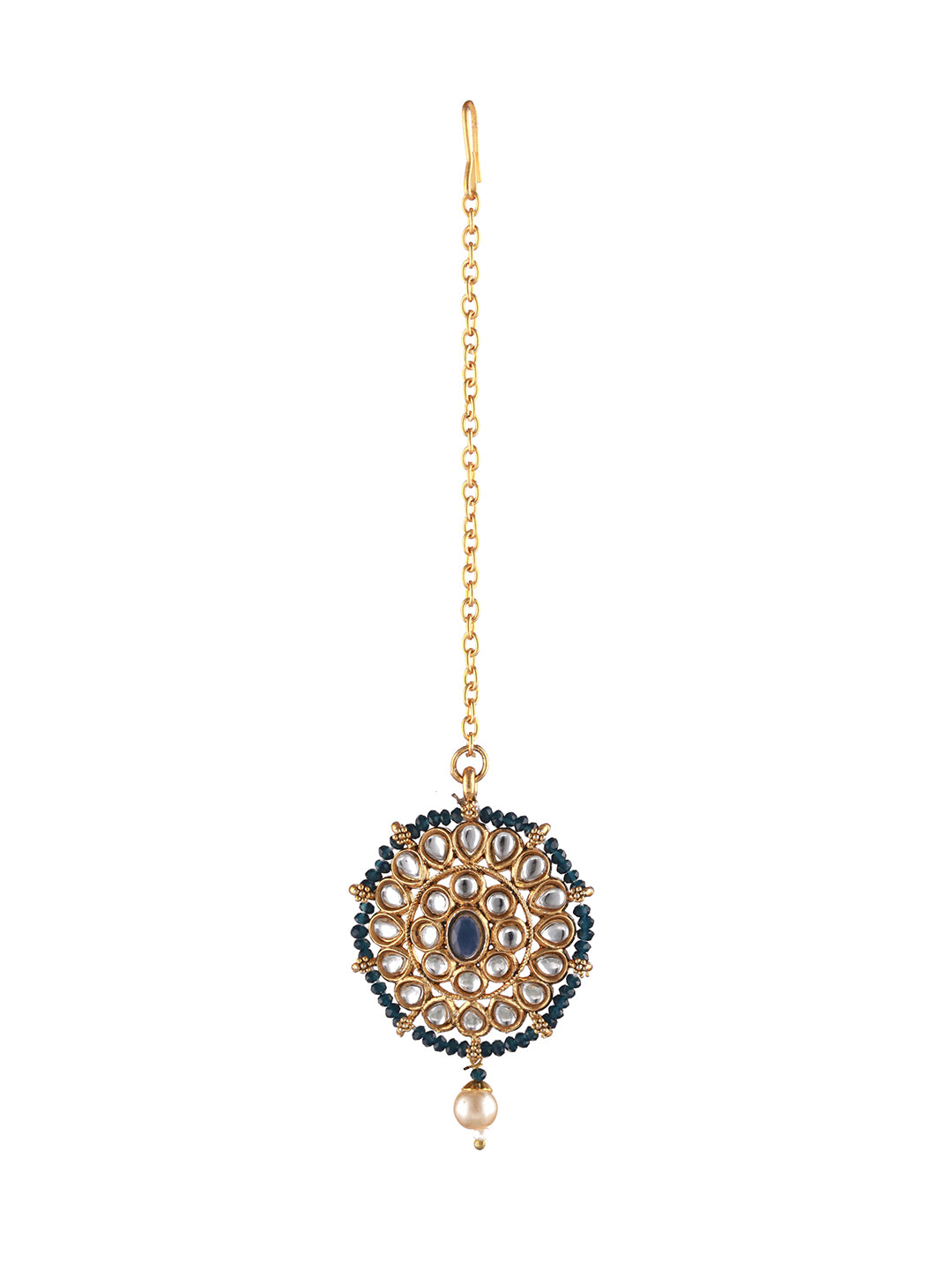 Gold-Plated Blue& White Kundan Studded & Beaded Choker Jewellery Set with Maangtikka - Jazzandsizzle