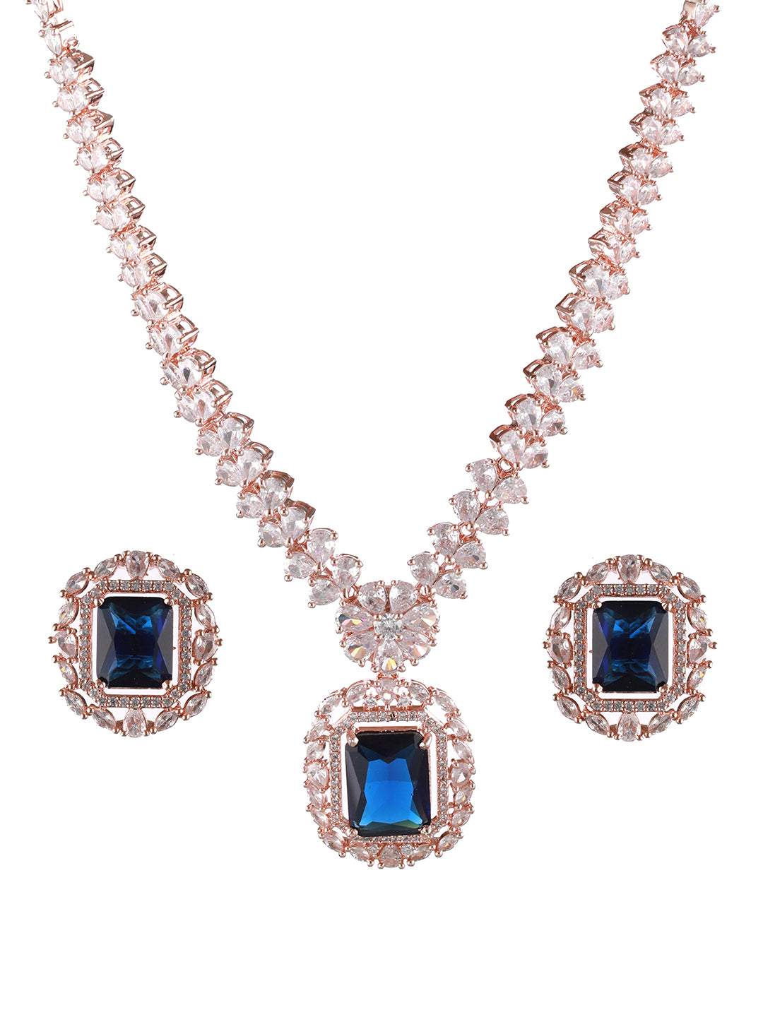 Rose-Gold Plated Blue American Diamond Studded Handcrafted Jewellery Set - Jazzandsizzle