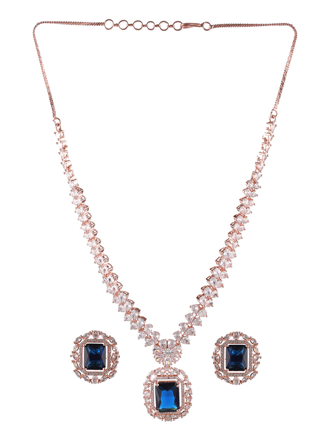 Rose-Gold Plated Blue American Diamond Studded Handcrafted Jewellery Set - Jazzandsizzle