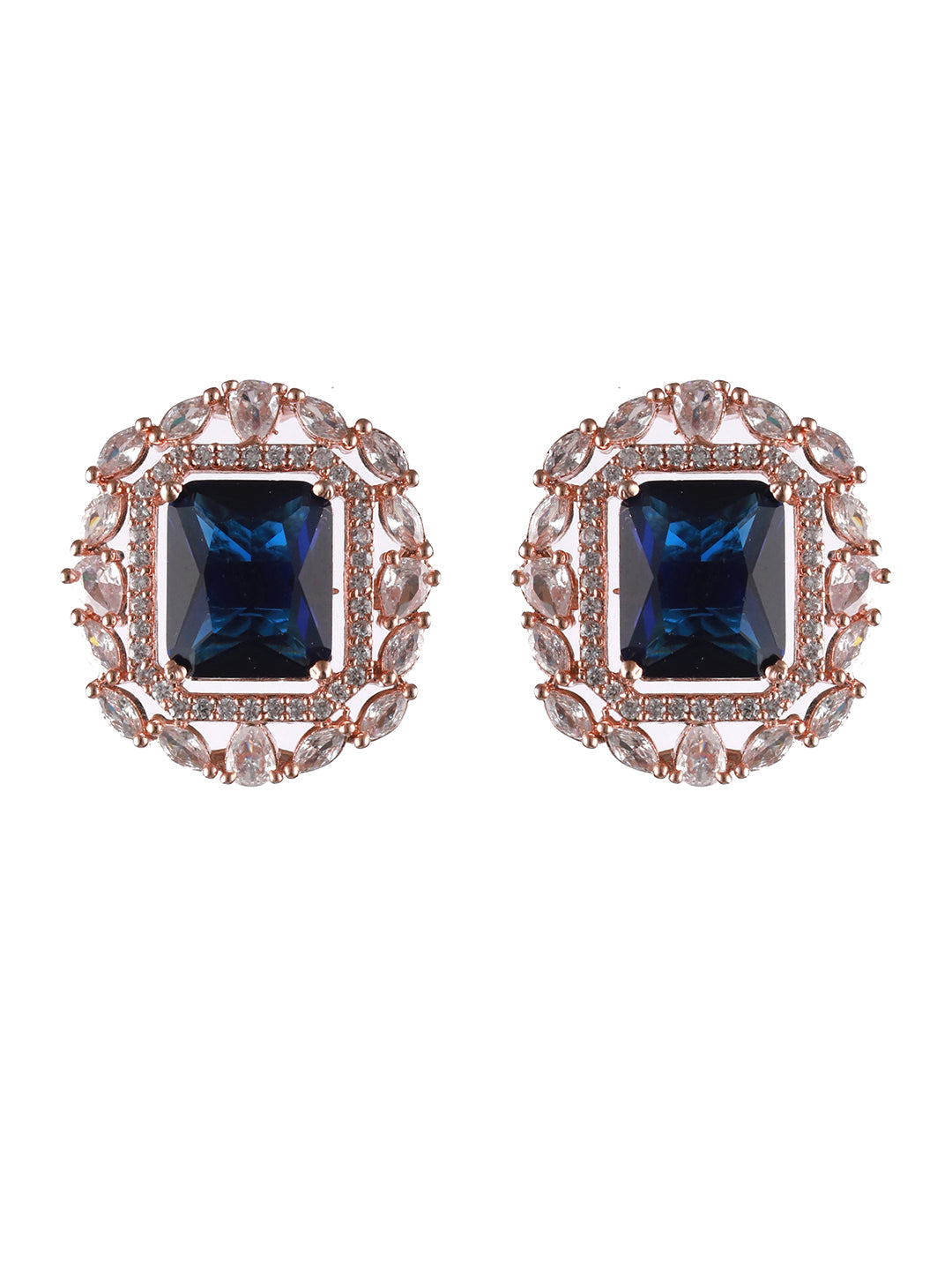 Rose-Gold Plated Blue American Diamond Studded Handcrafted Jewellery Set - Jazzandsizzle
