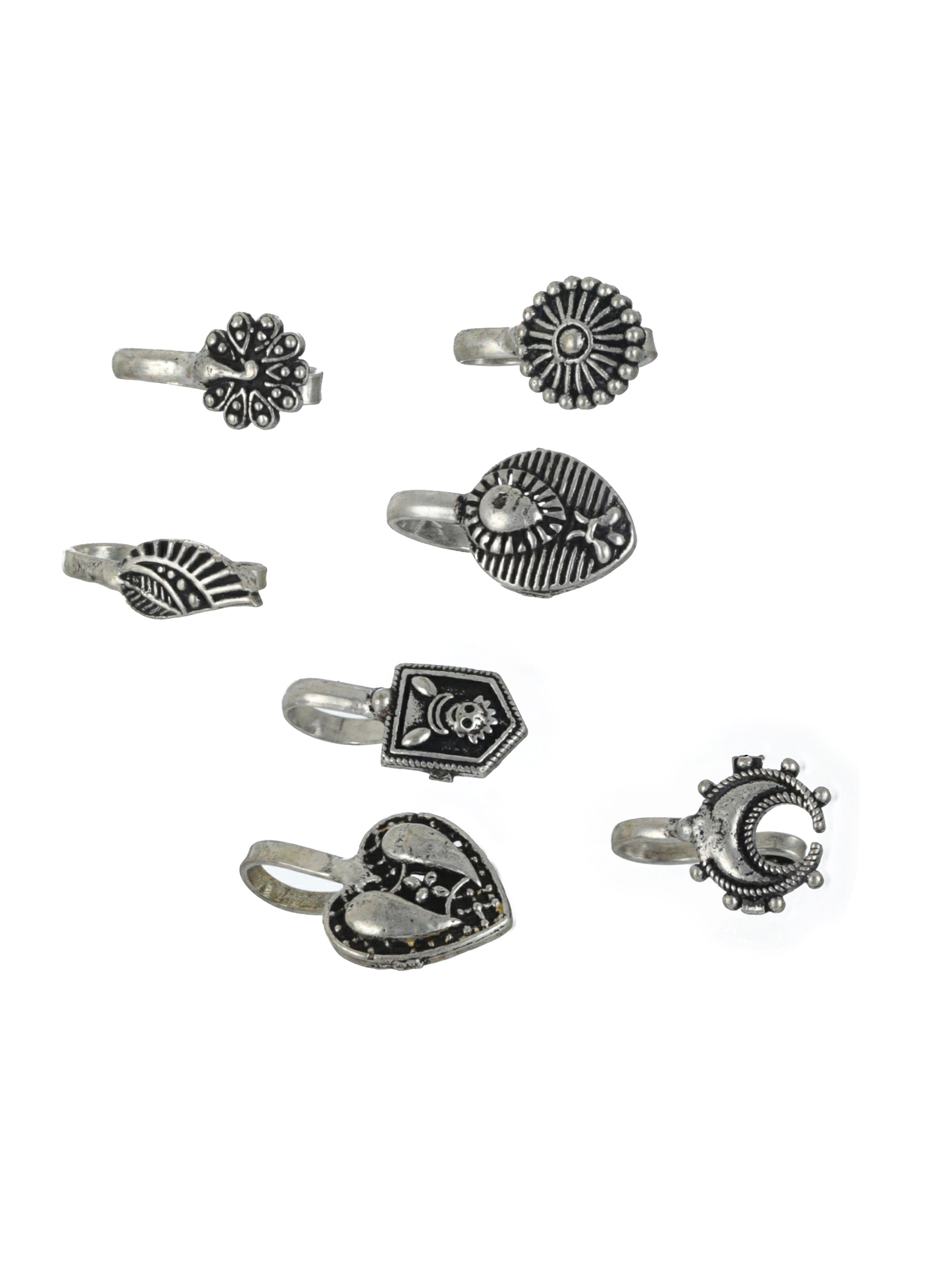 Set Of 7 Silver-Plated & Oxidised Nose-Pins - Jazzandsizzle