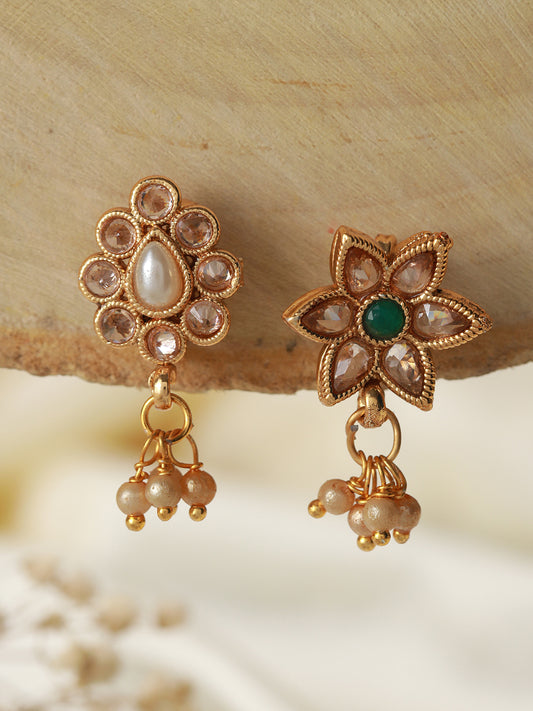 Gold-Plated Green & White Kundan Studded Flower Clip-On Nosepin Nose Pin - Jazzandsizzle