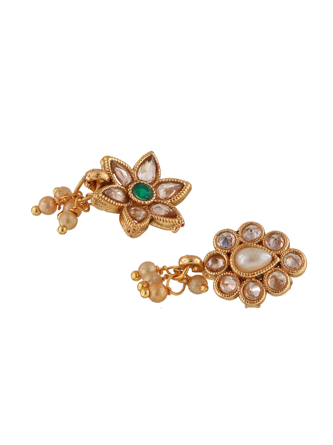 Gold-Plated Green & White Kundan Studded Flower Clip-On Nosepin Nose Pin - Jazzandsizzle