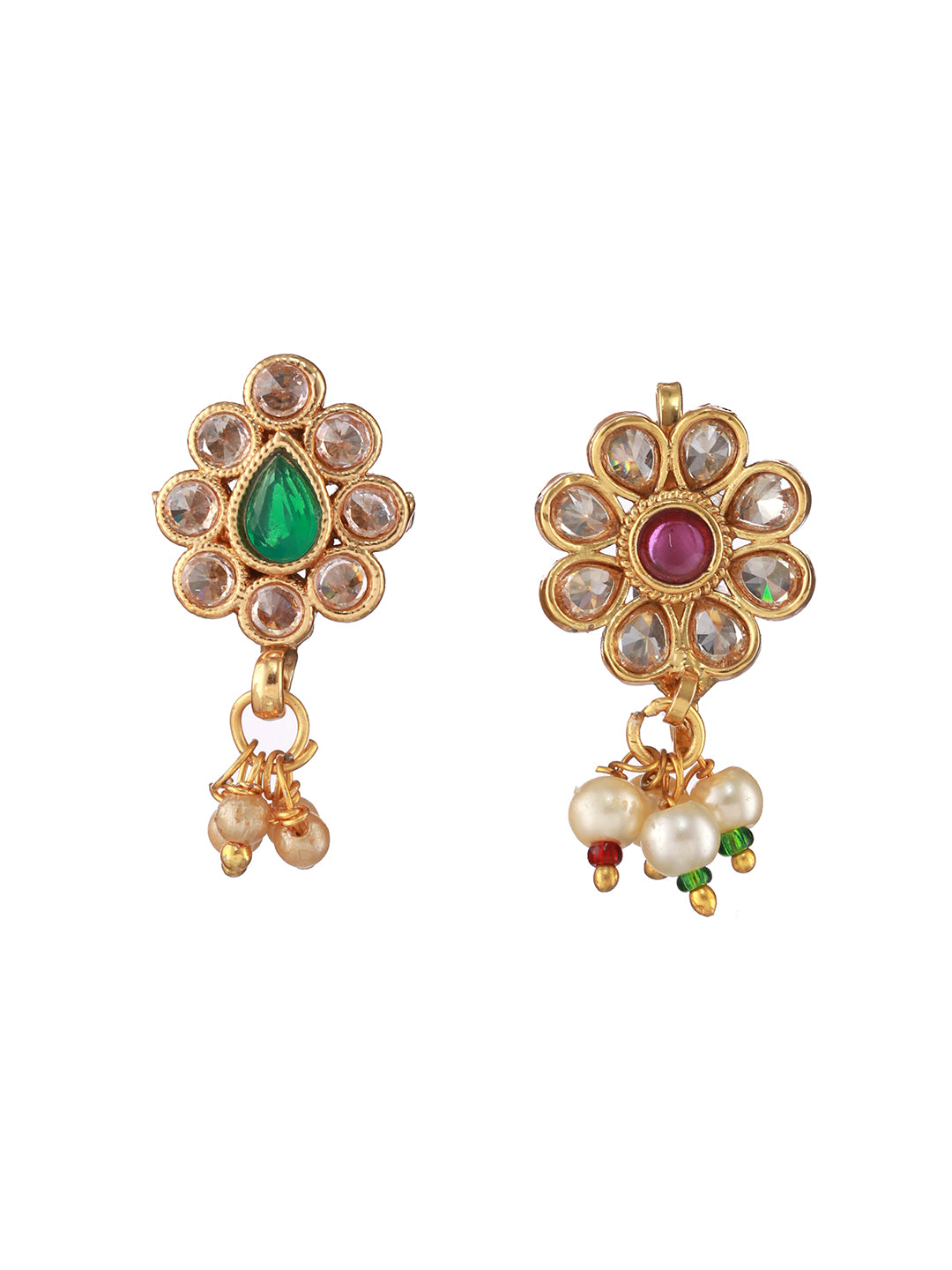 Gold-Plated Red & Green Kundan Studded Flower Nose Pin - Jazzandsizzle