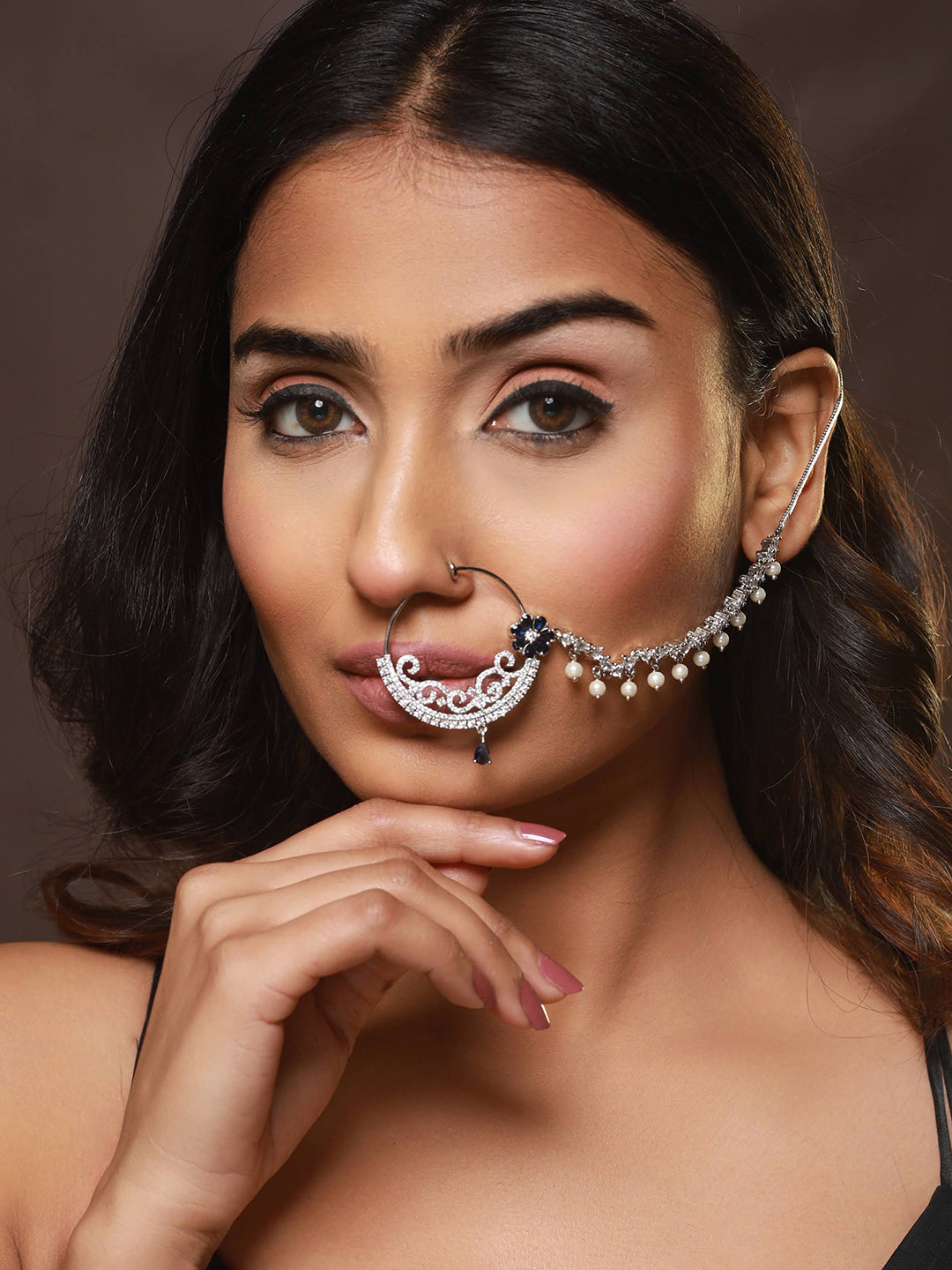 Silver Plated Blue Floral American Diamond Studded Handcrafted Nose Ring With Pearl Drop Chain - Jazzandsizzle