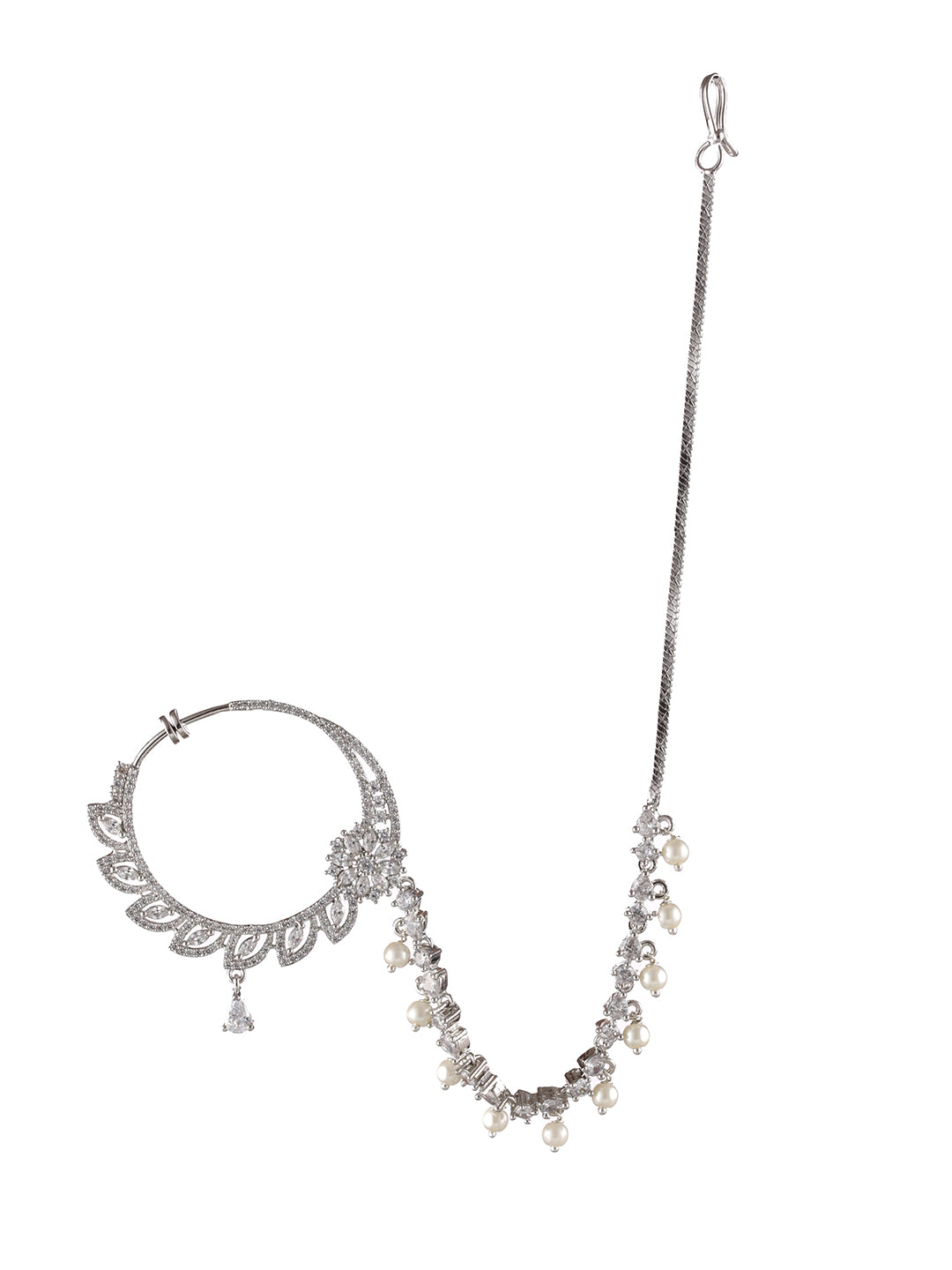 Silver Plated White Floral American Diamond Studded Handcrafted Nose Ring With Pearl Drop Chain