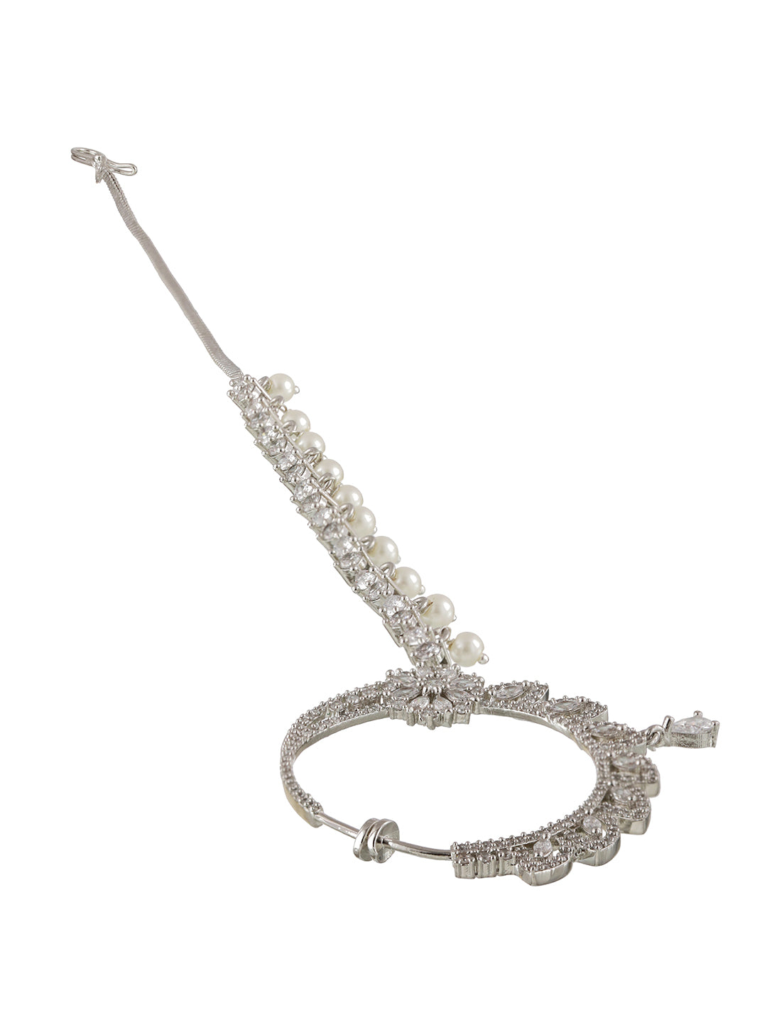 Silver Plated White Floral American Diamond Studded Handcrafted Nose Ring With Pearl Drop Chain