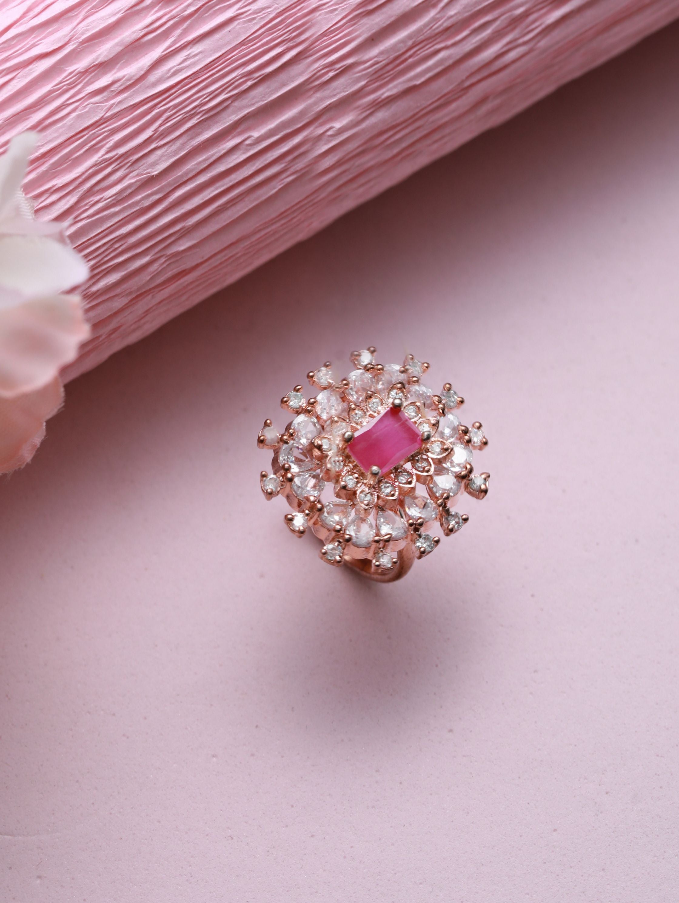 Rose Gold Plated & Pink American Diamond studded Cocktail Ring - Jazzandsizzle