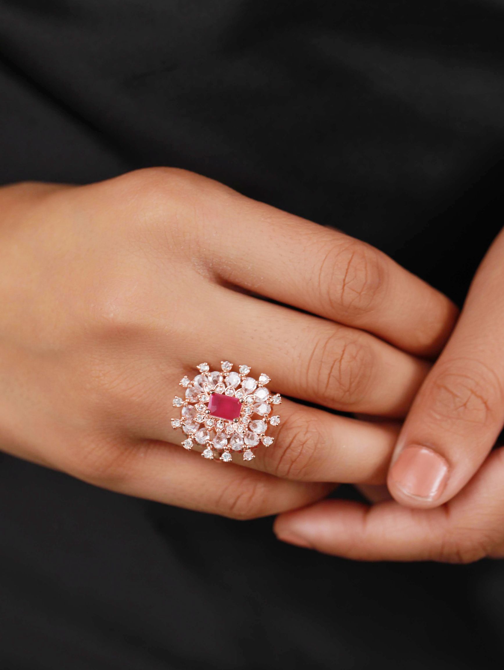 Rose Gold Plated & Pink American Diamond studded Cocktail Ring - Jazzandsizzle