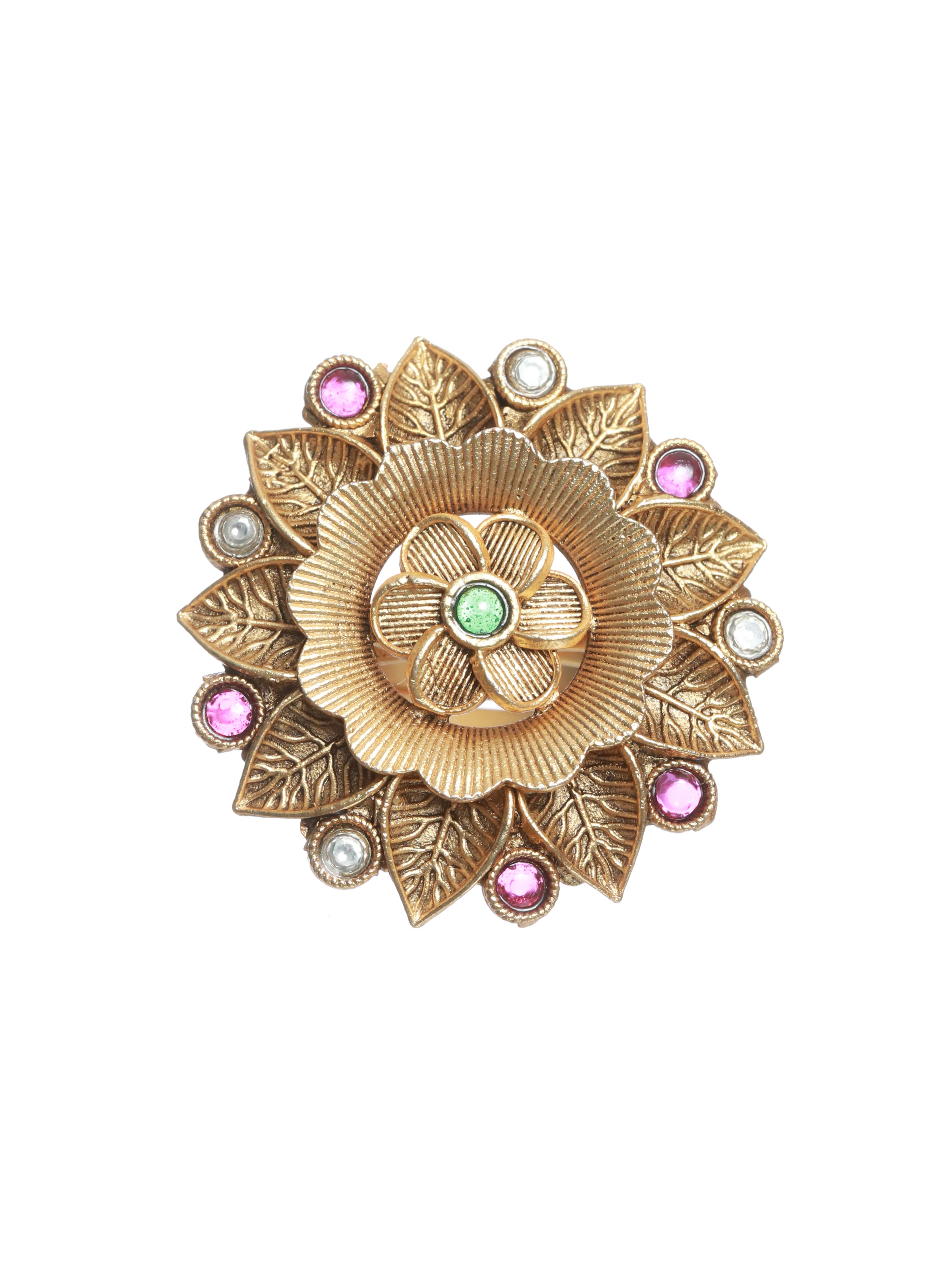 Gold-Plated Pink & White Stone Studded Antique Finger Ring