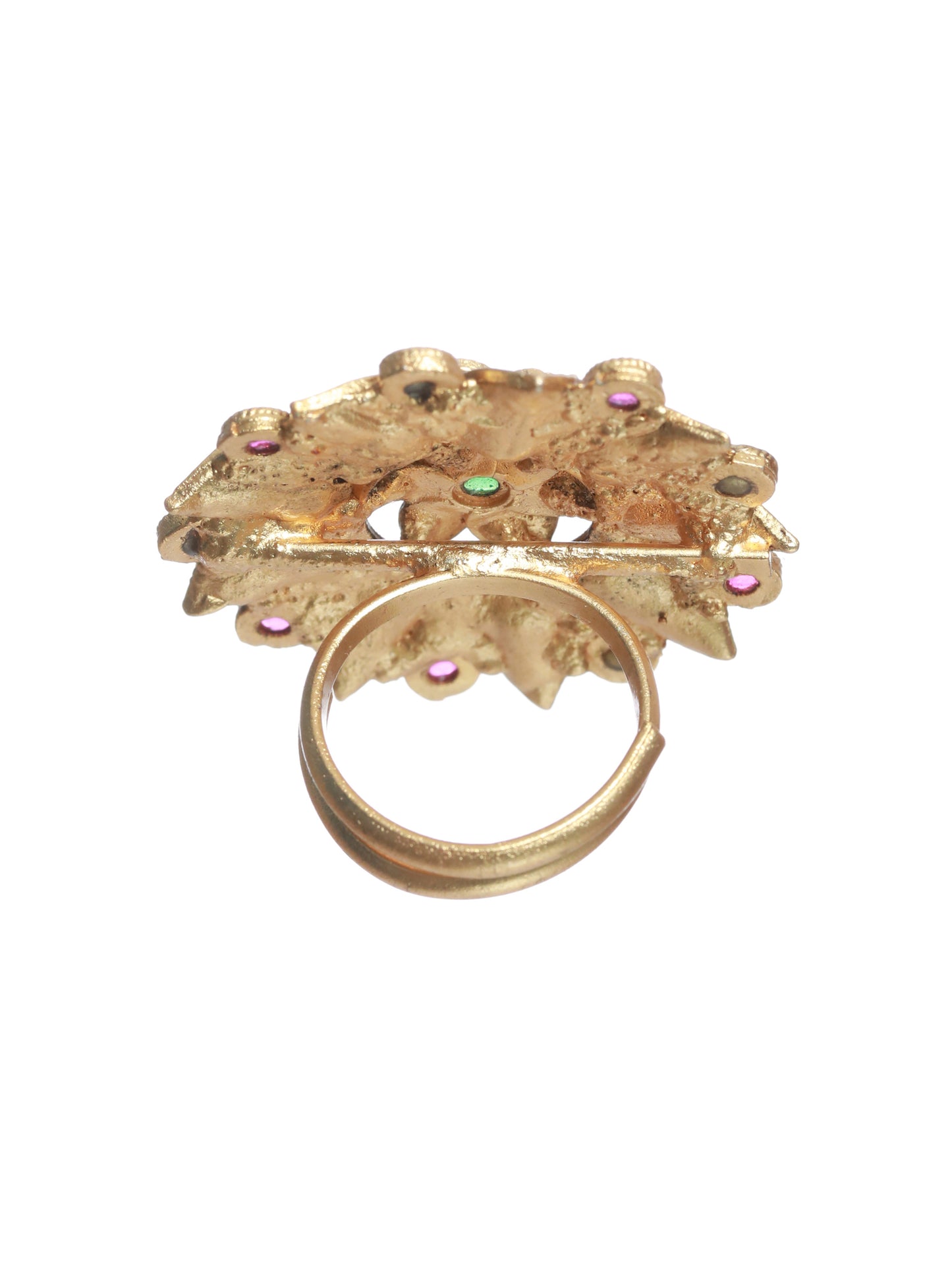 Gold-Plated Pink & White Stone Studded Antique Finger Ring - Jazzandsizzle