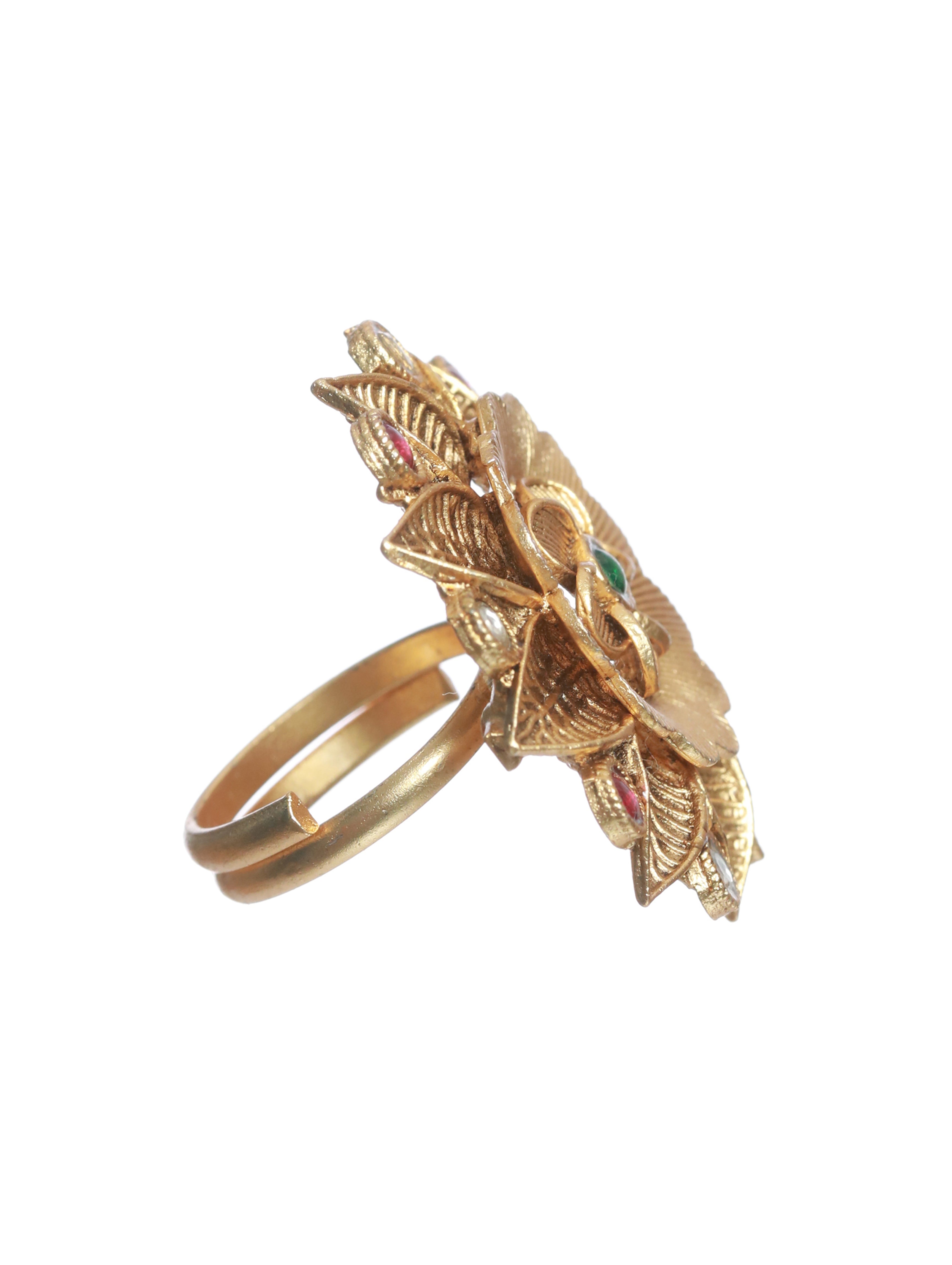Gold-Plated Pink & White Stone Studded Antique Finger Ring - Jazzandsizzle