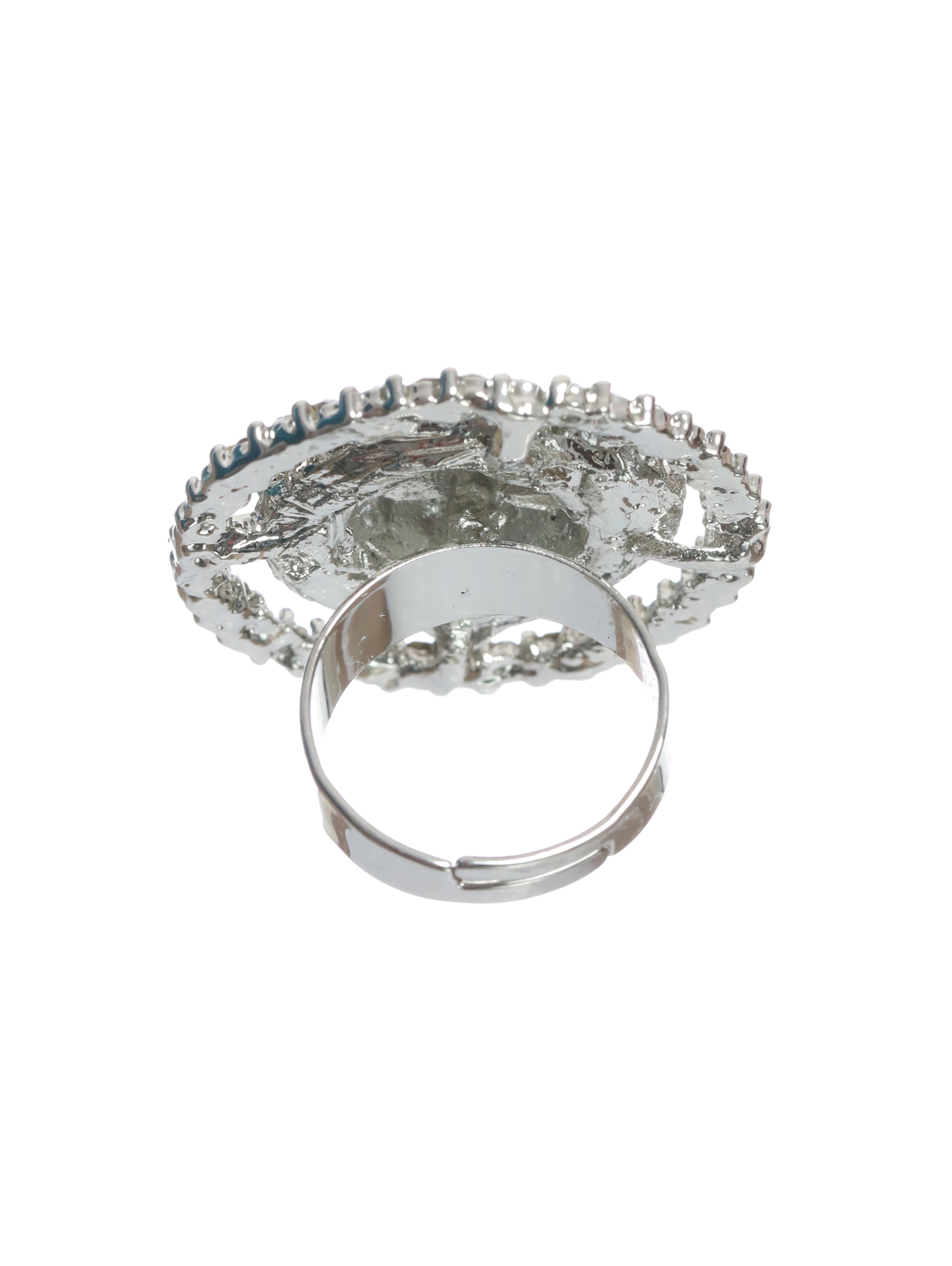 Silver-Plated CZ Studded Flower shaped Adjustable Finger Ring - Jazzandsizzle