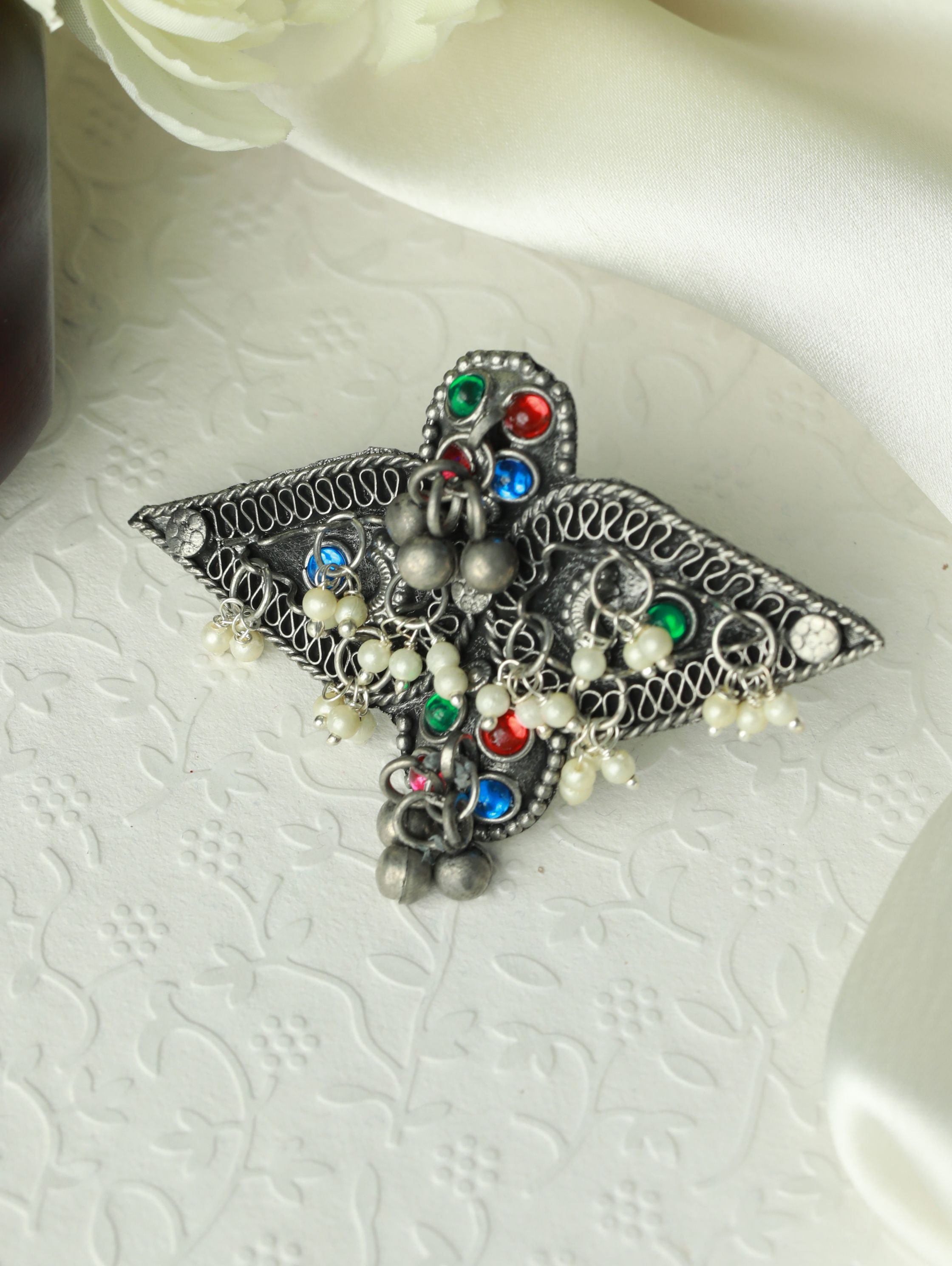 Multicolored Oversized Afghani Carved,Square shaped Adjustable Handcrafted Finger Ring - Jazzandsizzle