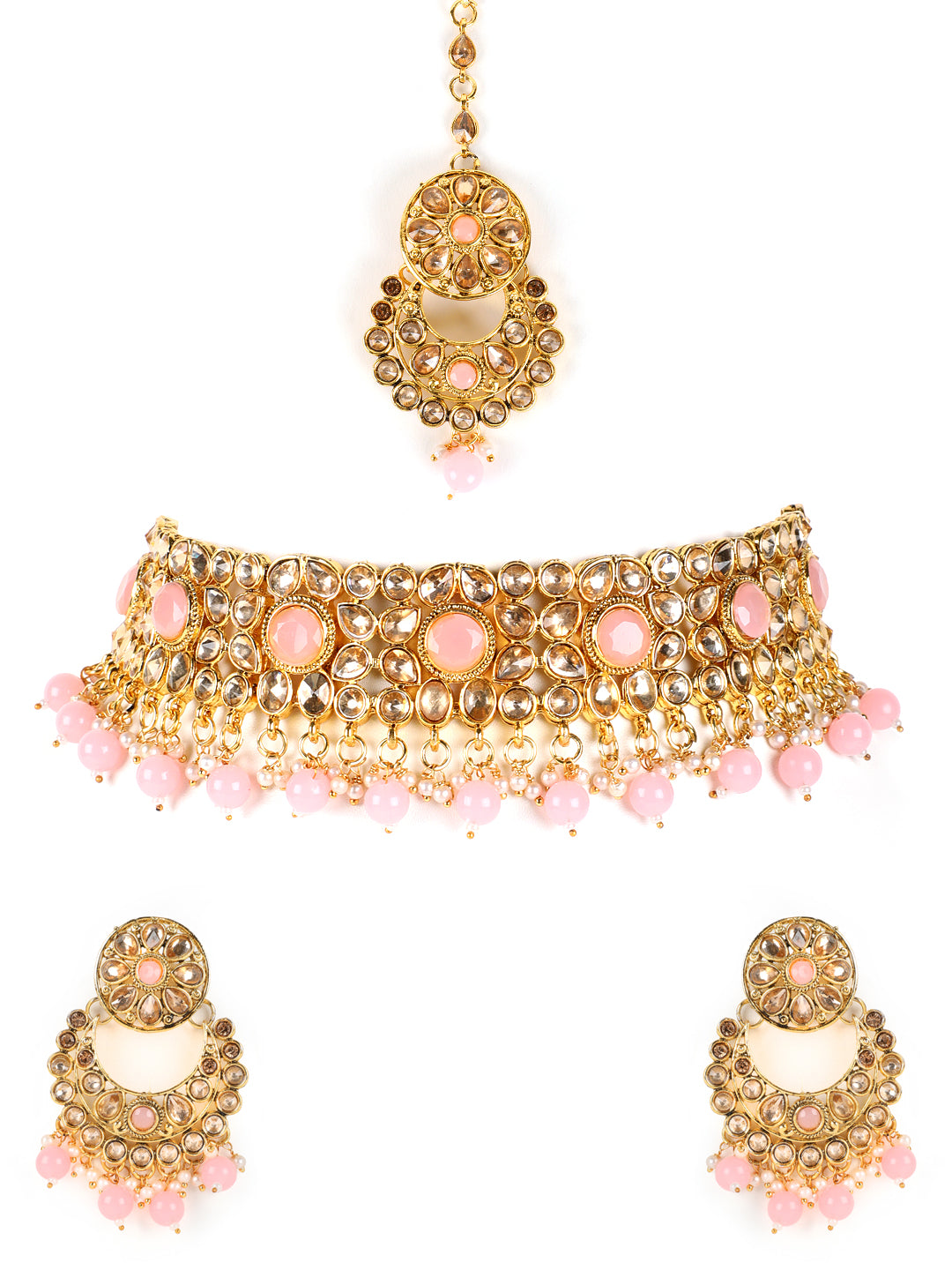 Pink Pearls Kundan Beads Gold Plated Choker Set with MaangTika - Jazzandsizzle