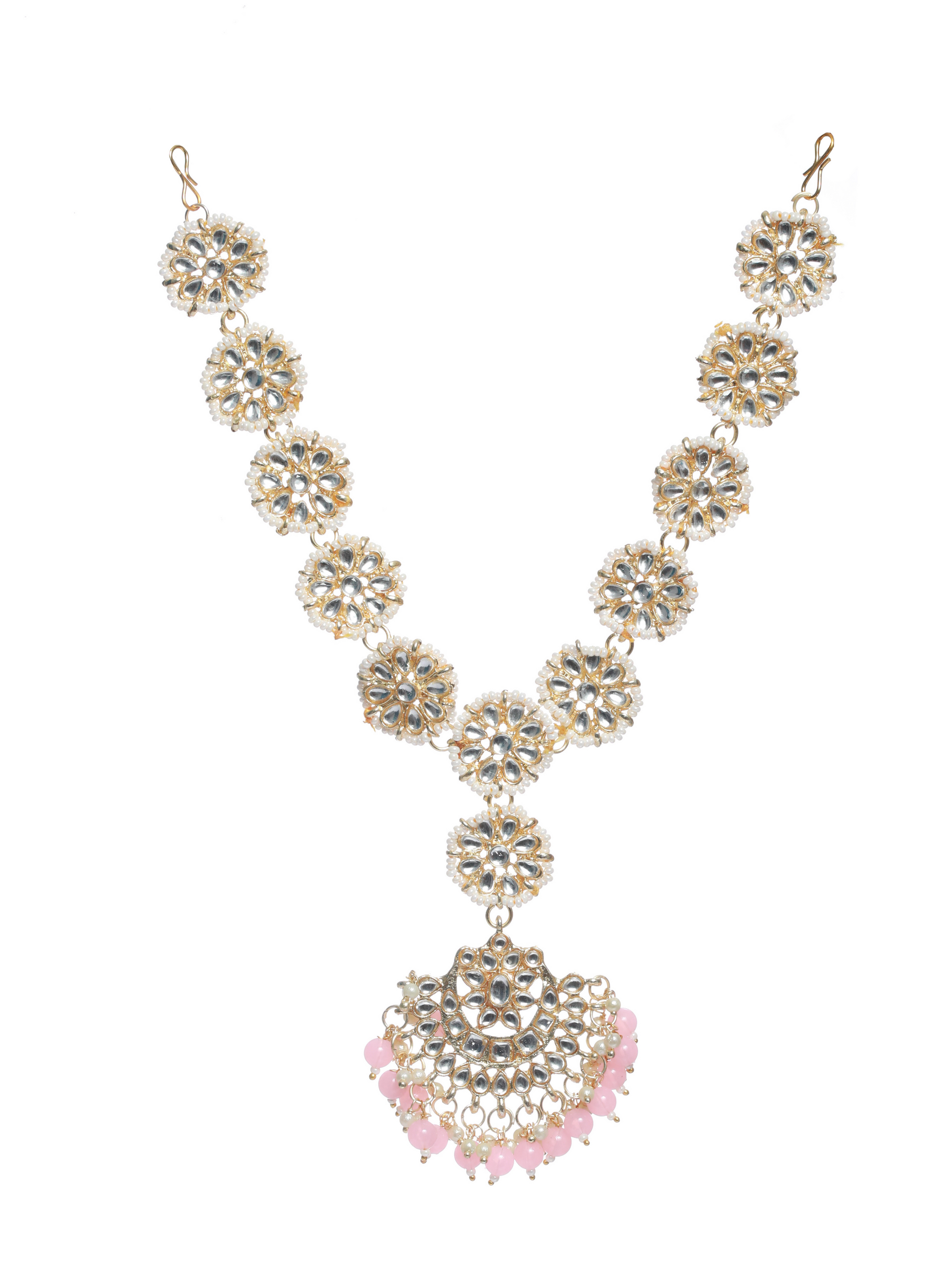 Gold-Plated Pink Kundan & Pearls Handcrafted Mathapatti Bridal Head Jewellery - Jazzandsizzle