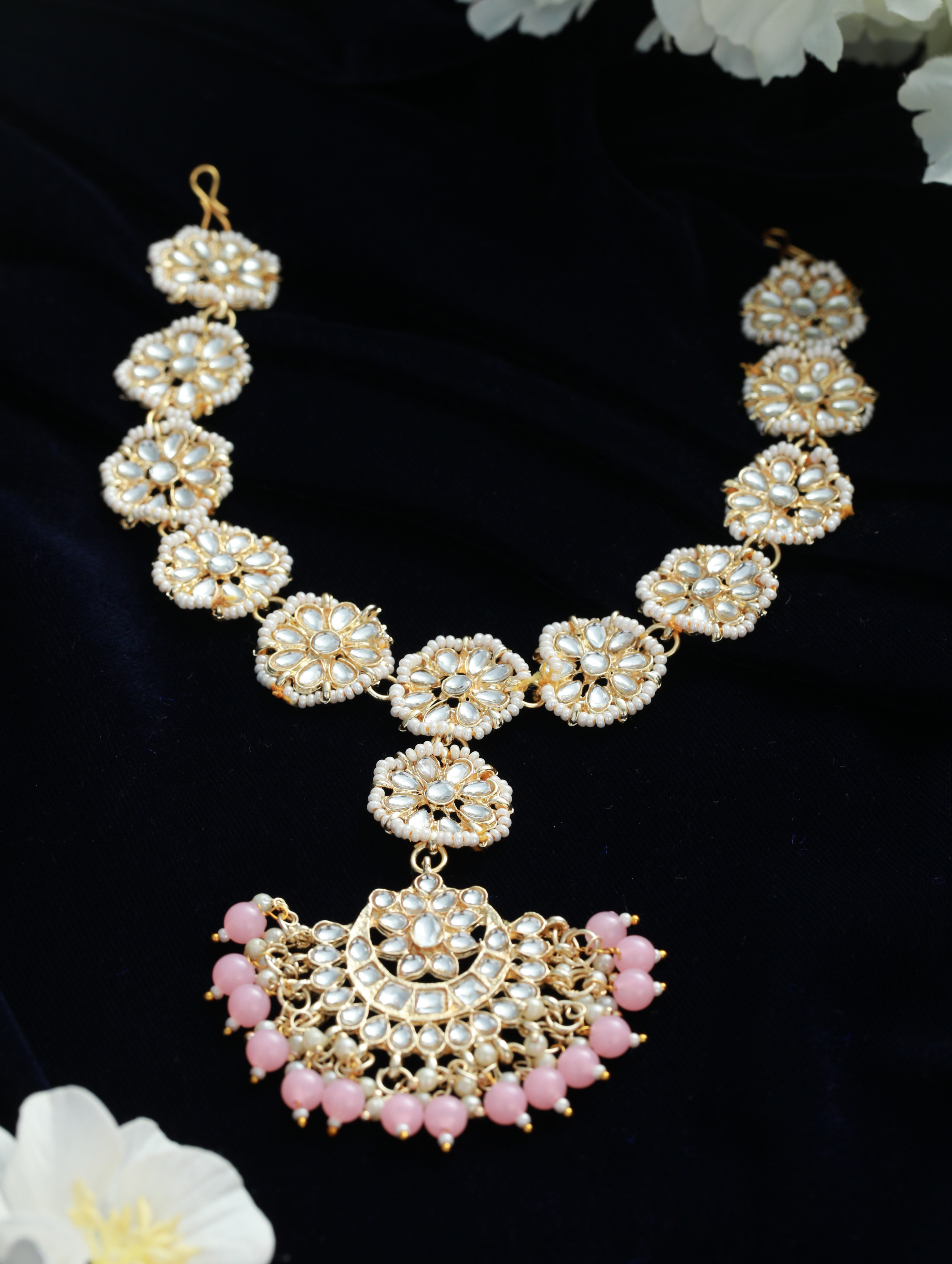 gold-plated-pink-kundan-pearls-handcrafted-mathapatti-bridal-head-jewellery