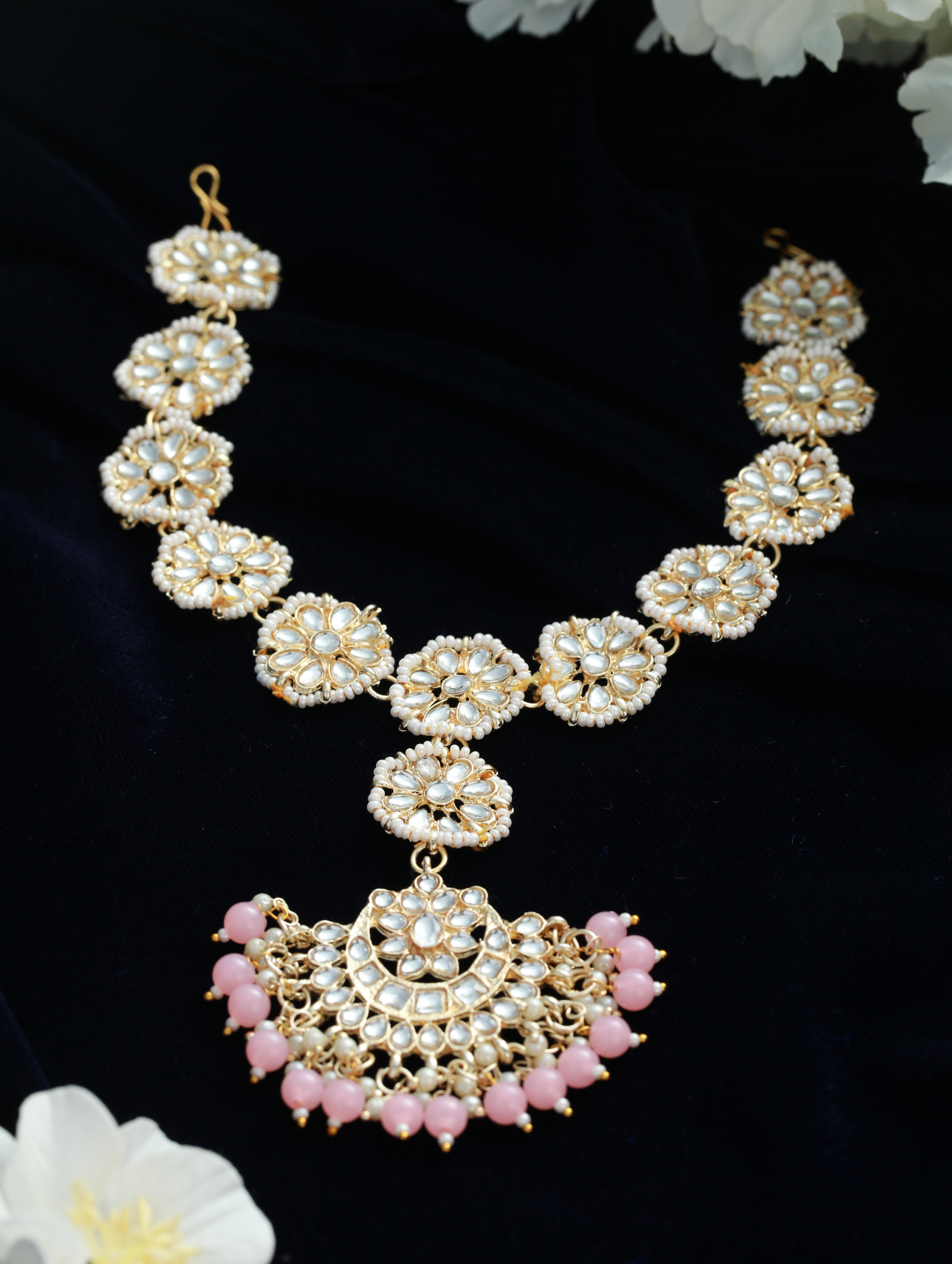 Gold-Plated Pink Kundan & Pearls Handcrafted Mathapatti Bridal Head Jewellery - Jazzandsizzle