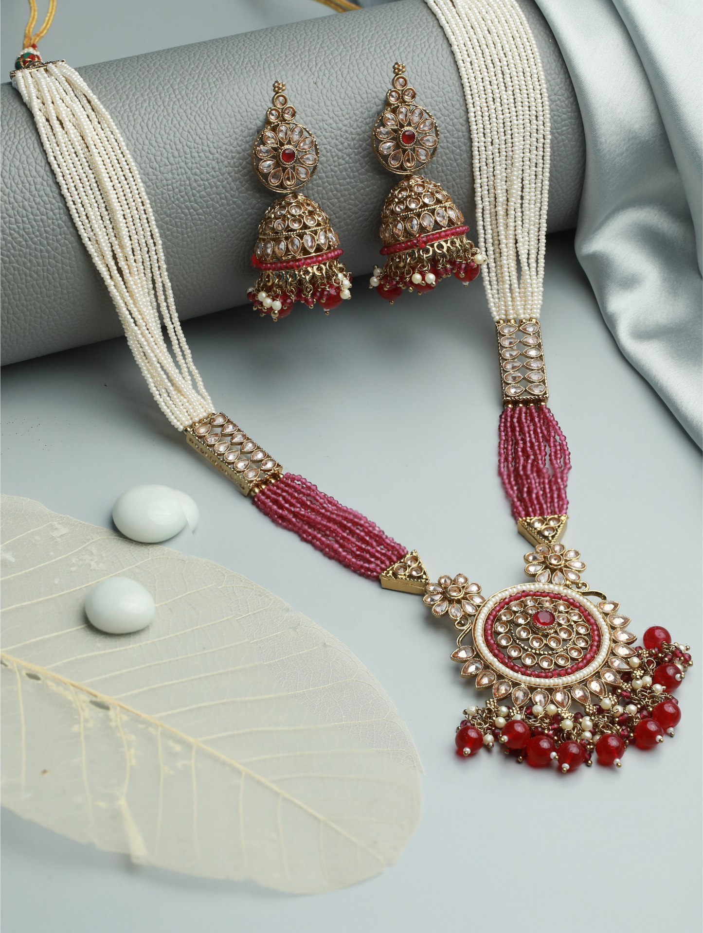 Jazz And Sizzle Gold Plated Purple & White Beaded Polki Rani Haar Jewellery Set - Jazzandsizzle