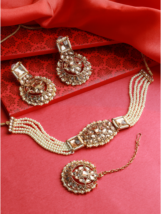 Gold-Plated & White Kundan Studded & Beaded Choker Jewellery Set - Jazzandsizzle